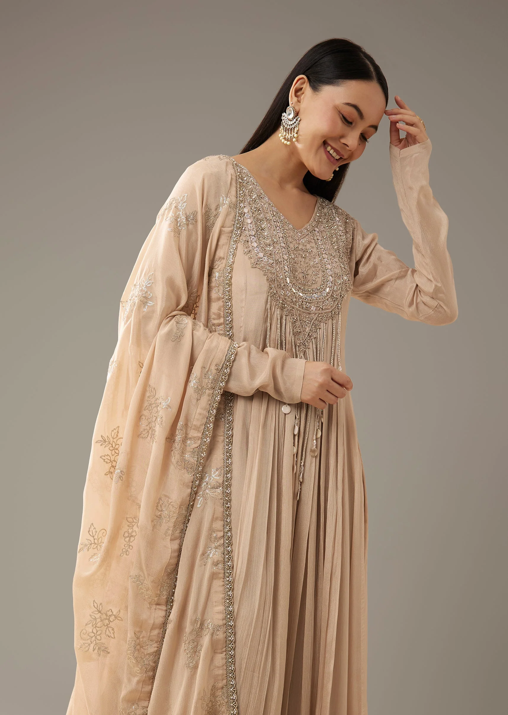 Beige Mirror Embellished Anarkali with Dupatta - Image 4
