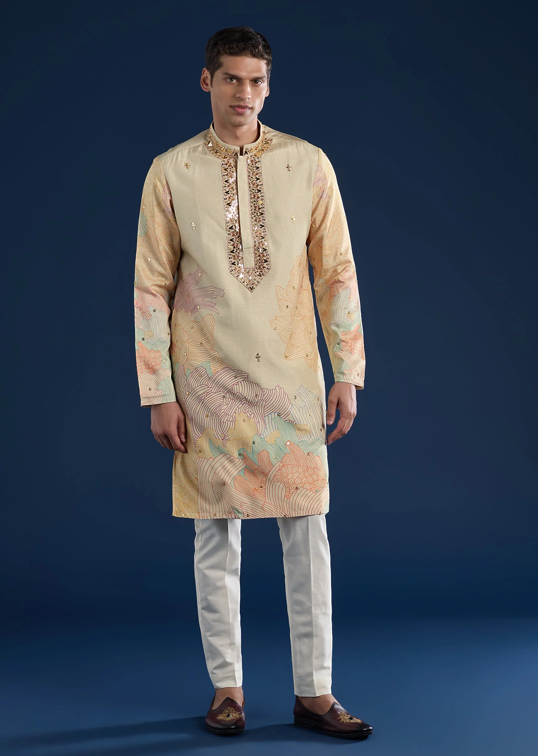 Beige Mirror Work With Kurta Sets