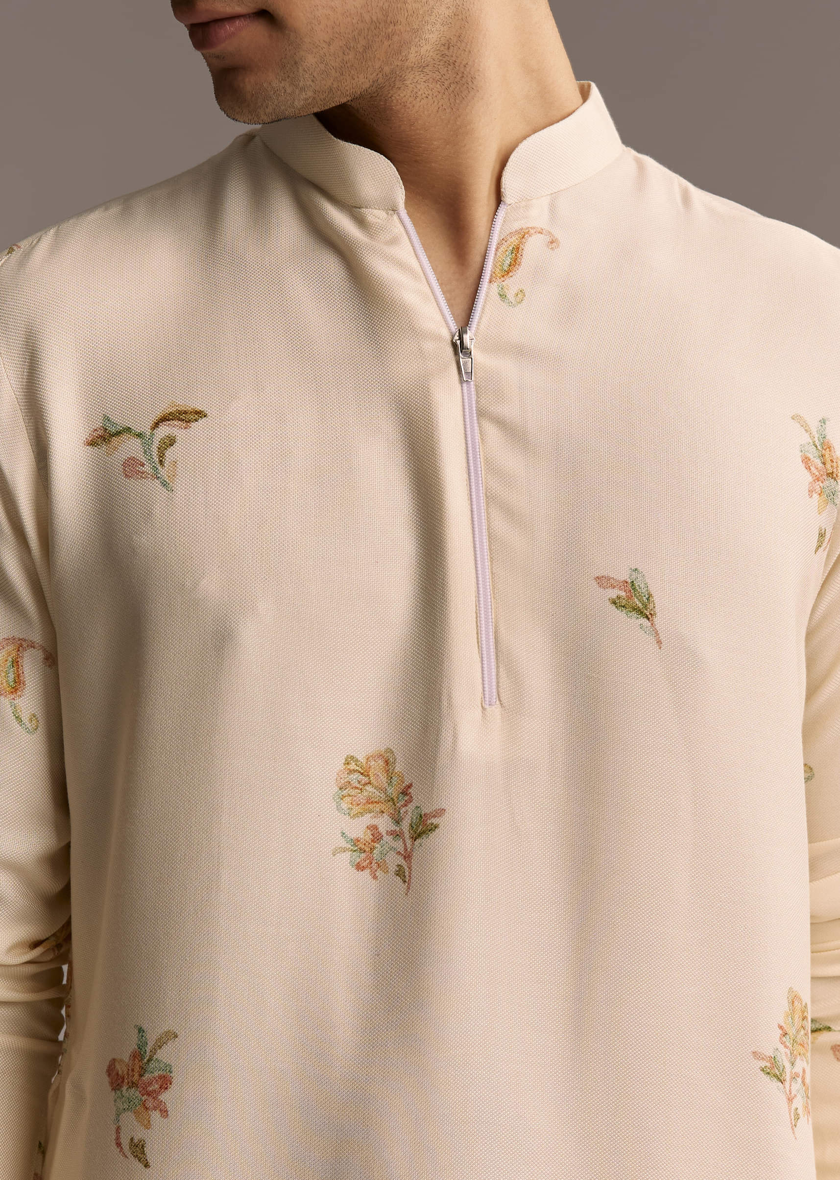 Beige Modal Printed Kurta Set For Men - Image 2