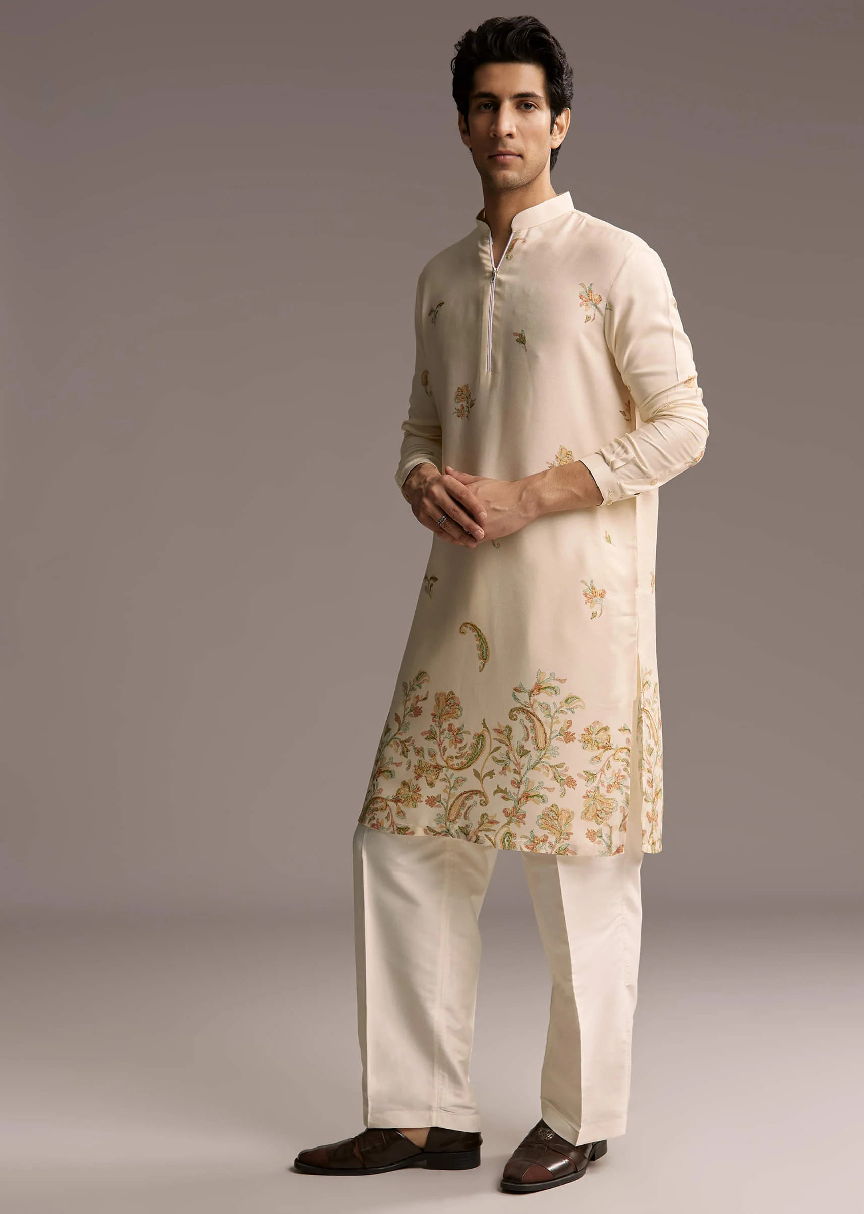 Beige Modal Printed Kurta Set For Men - Image 3