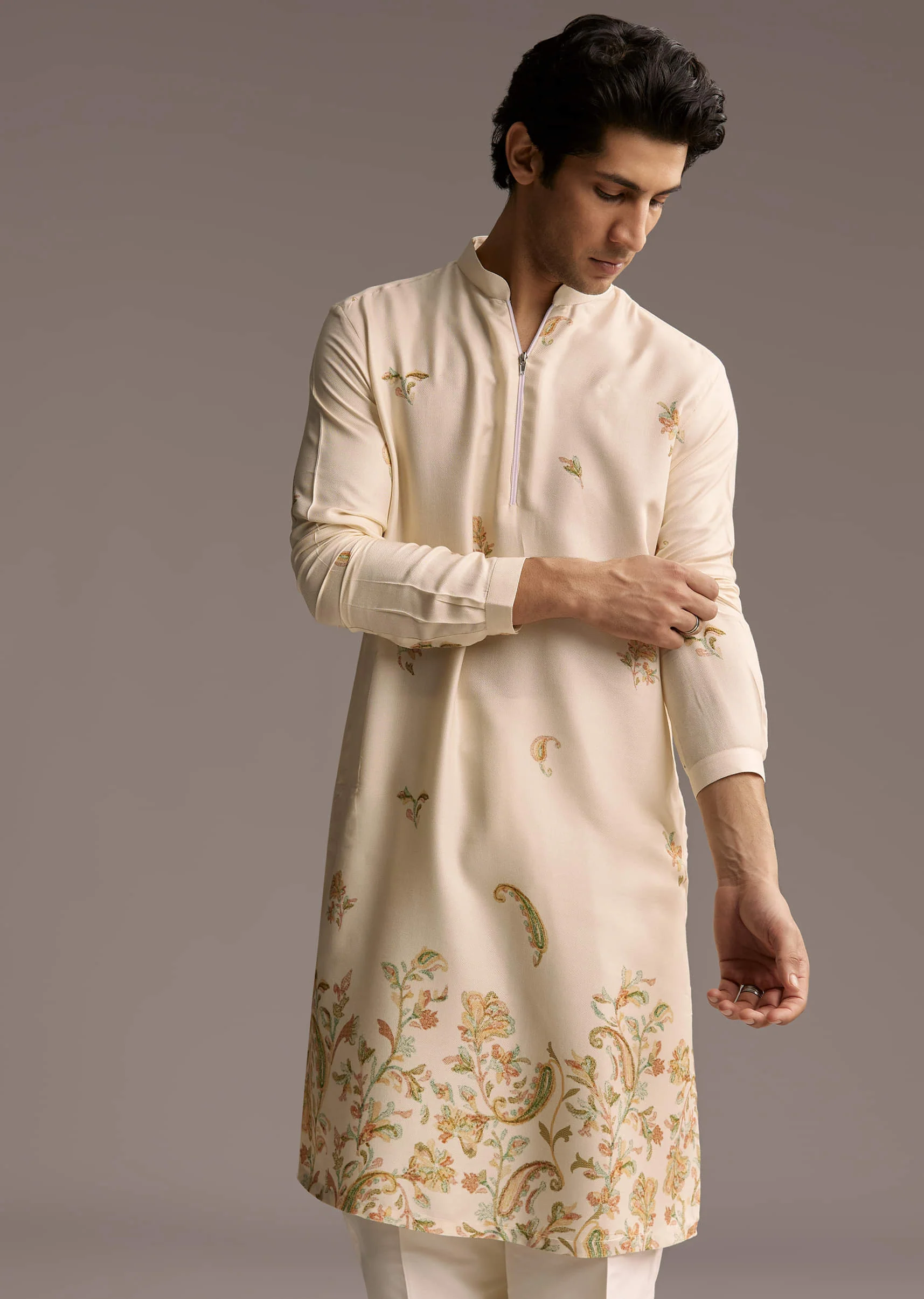 Beige Modal Printed Kurta Set For Men - Image 4