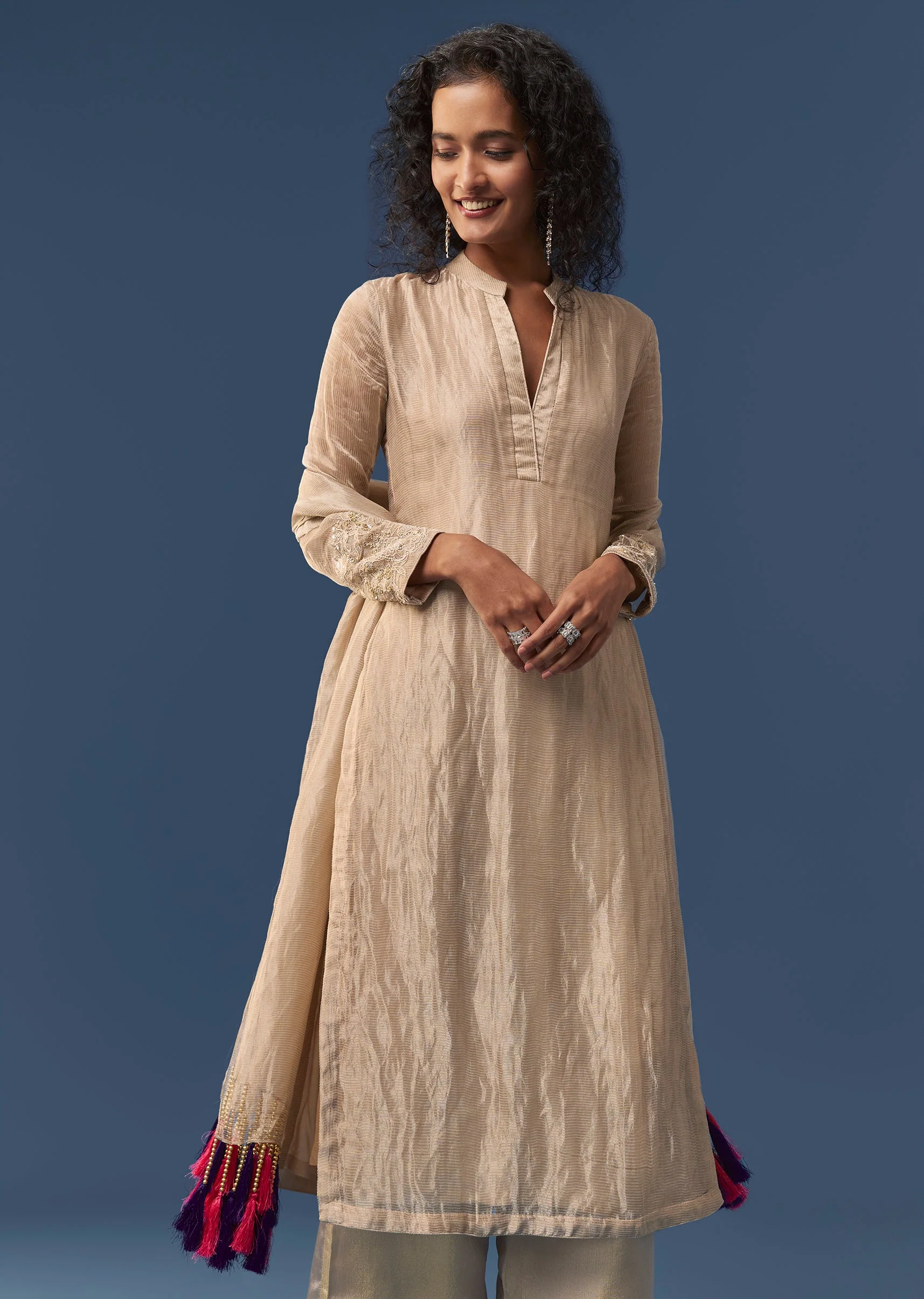Beige Moti Work Kurta Set