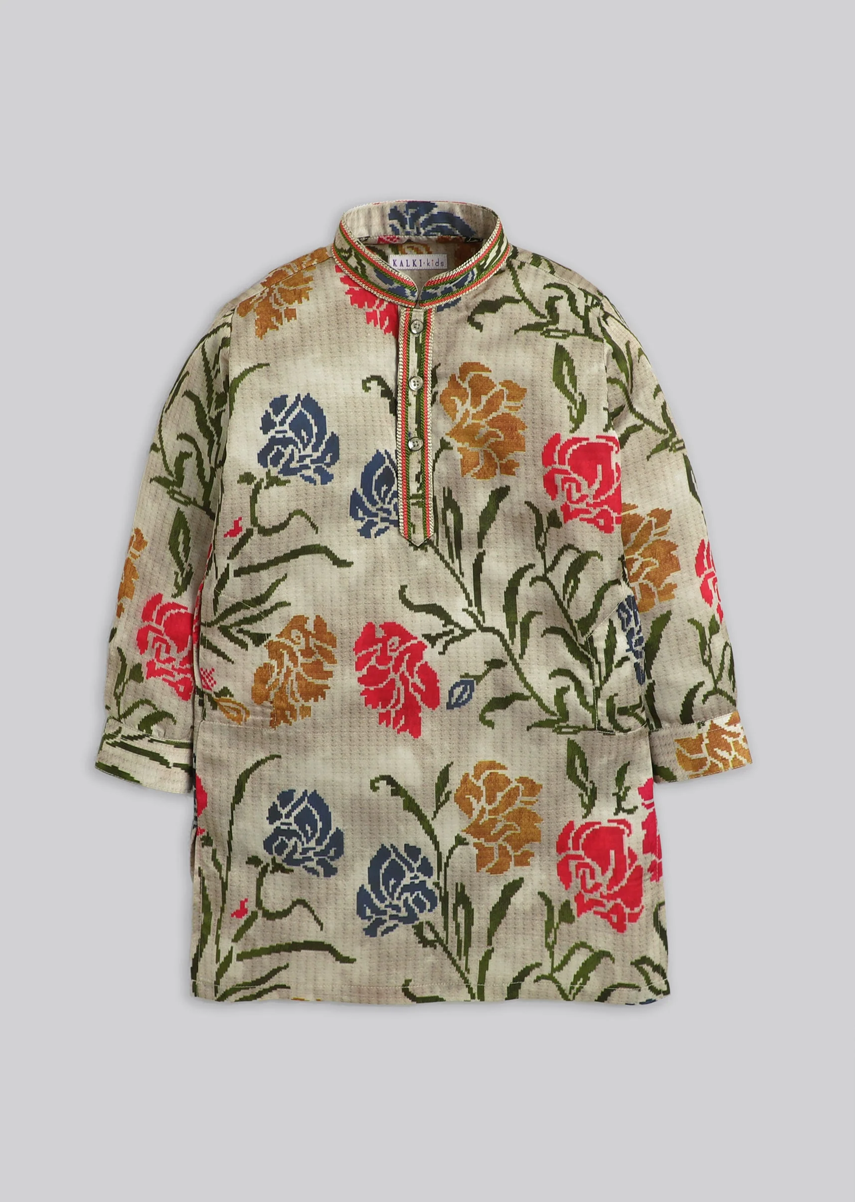 Beige Multi Floral Kurta Set For Boys - Image 2