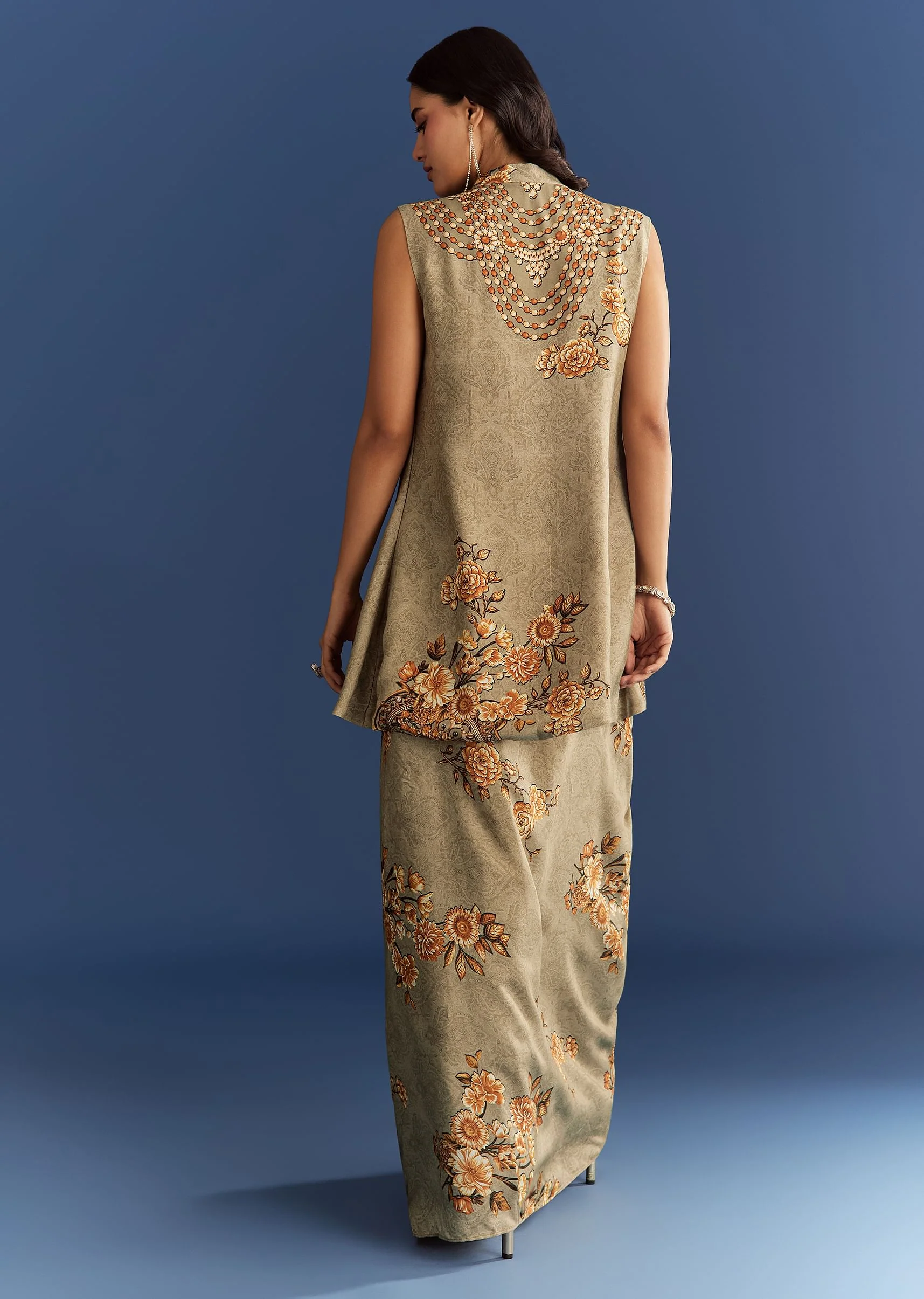 Beige Muslin Croptop Set With Floral Printed Skirt Jacket - Image 5