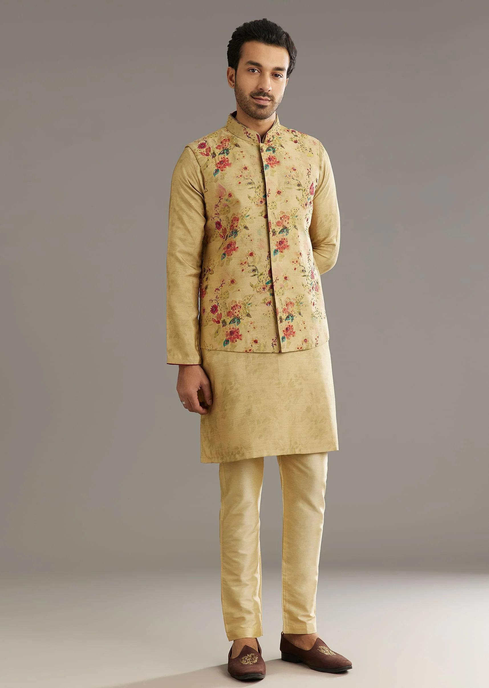 Beige Muslin Kurta Jacket Set With Stone Work - Image 3
