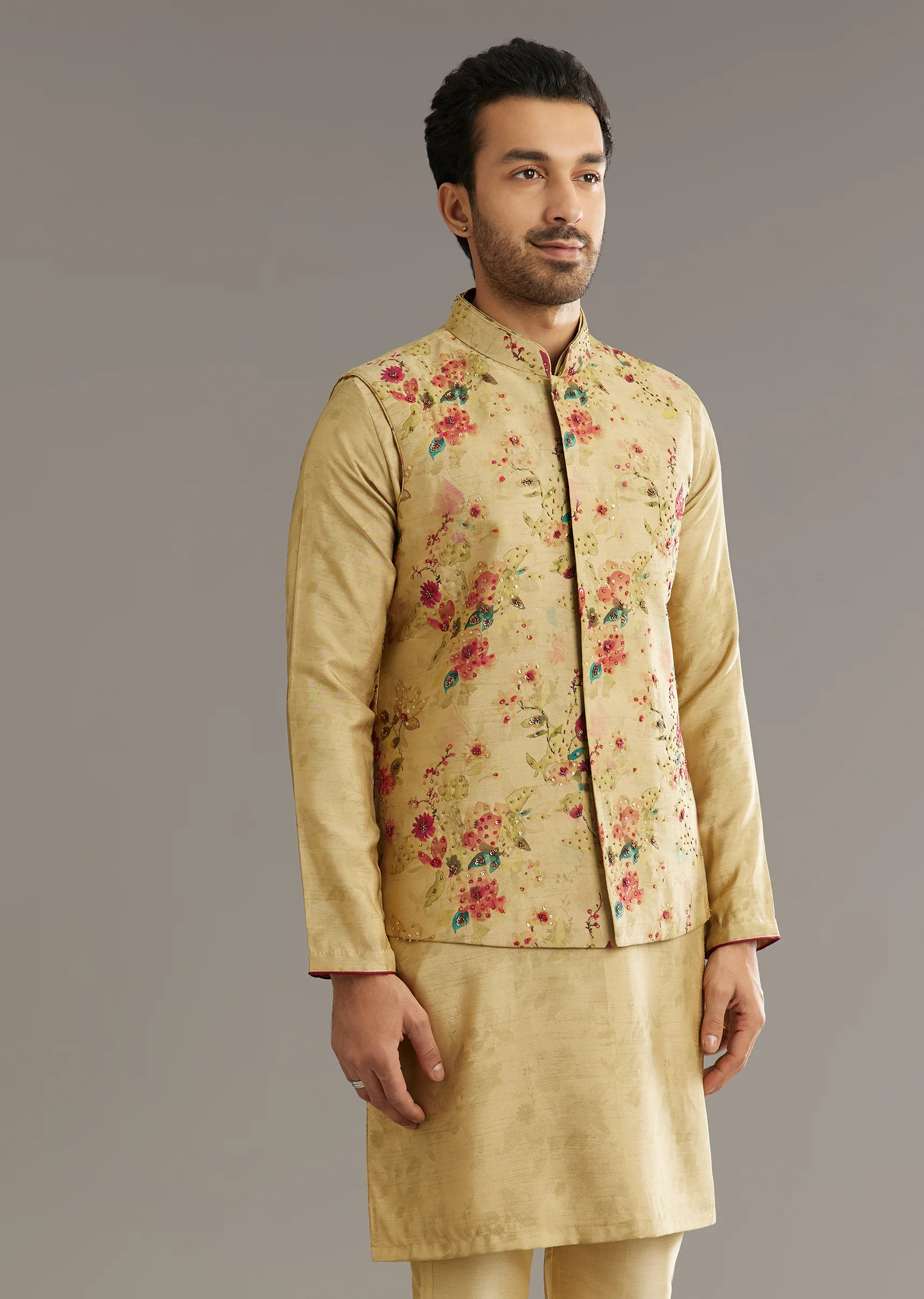 Beige Muslin Kurta Jacket Set With Stone Work - Image 4