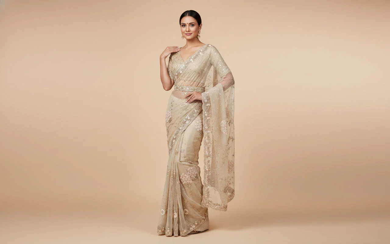 Beige Muted Embroidered Saree