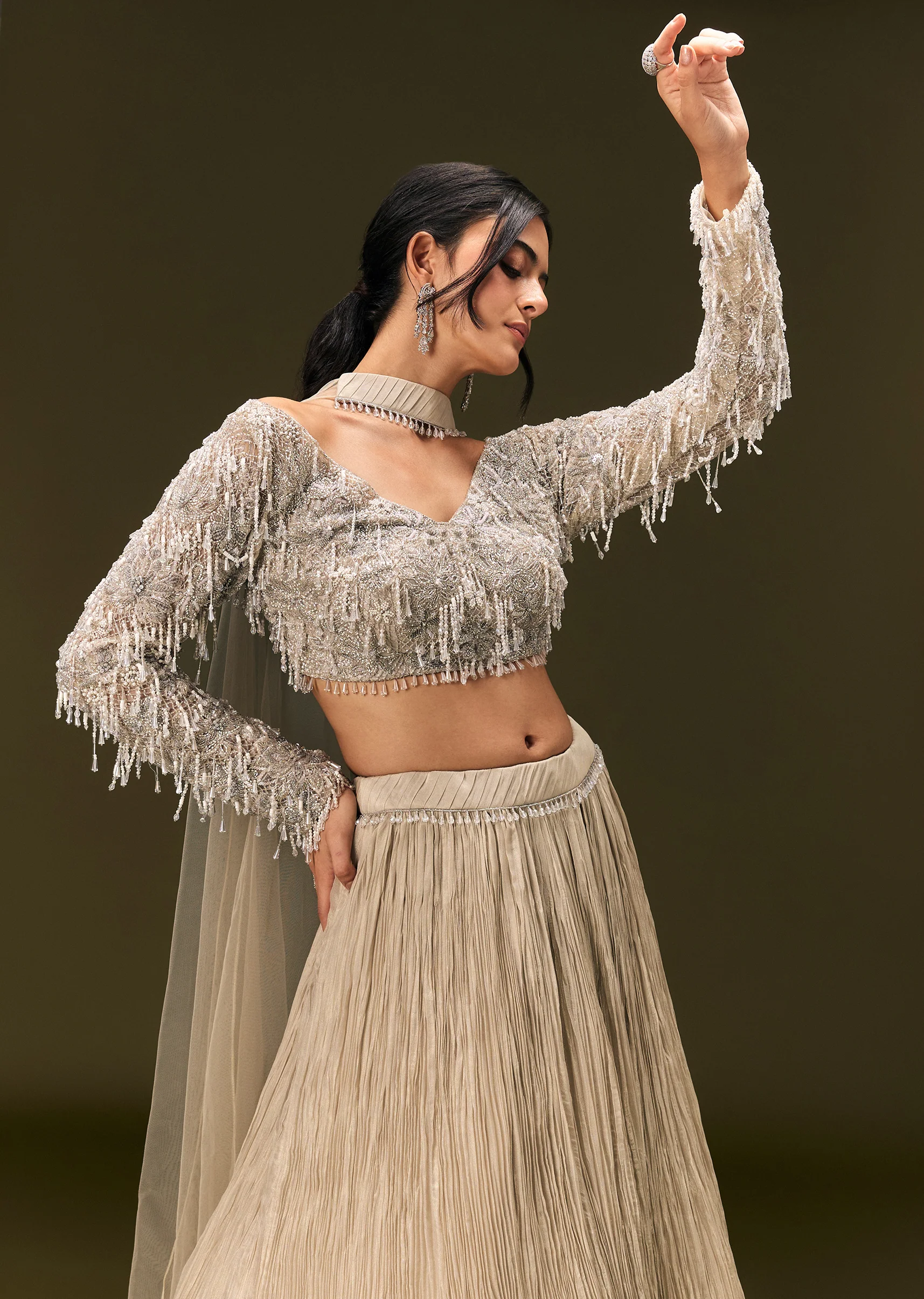 Beige Net Embroidered Blouse With Ruched Lehenga And Choker Dupatta - Image 3