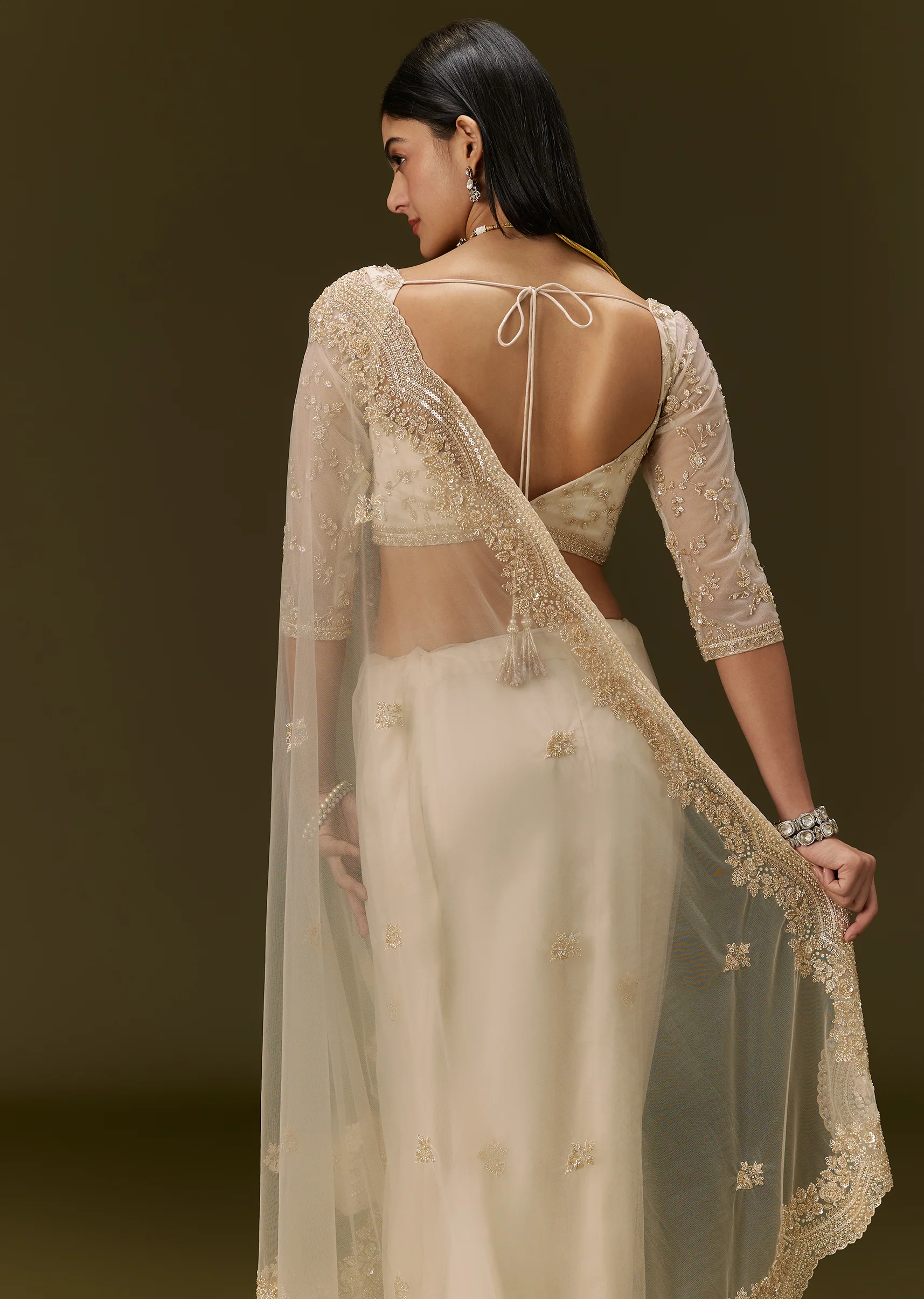 Beige Net Saree With Heavy All Over Embroidery - Image 6