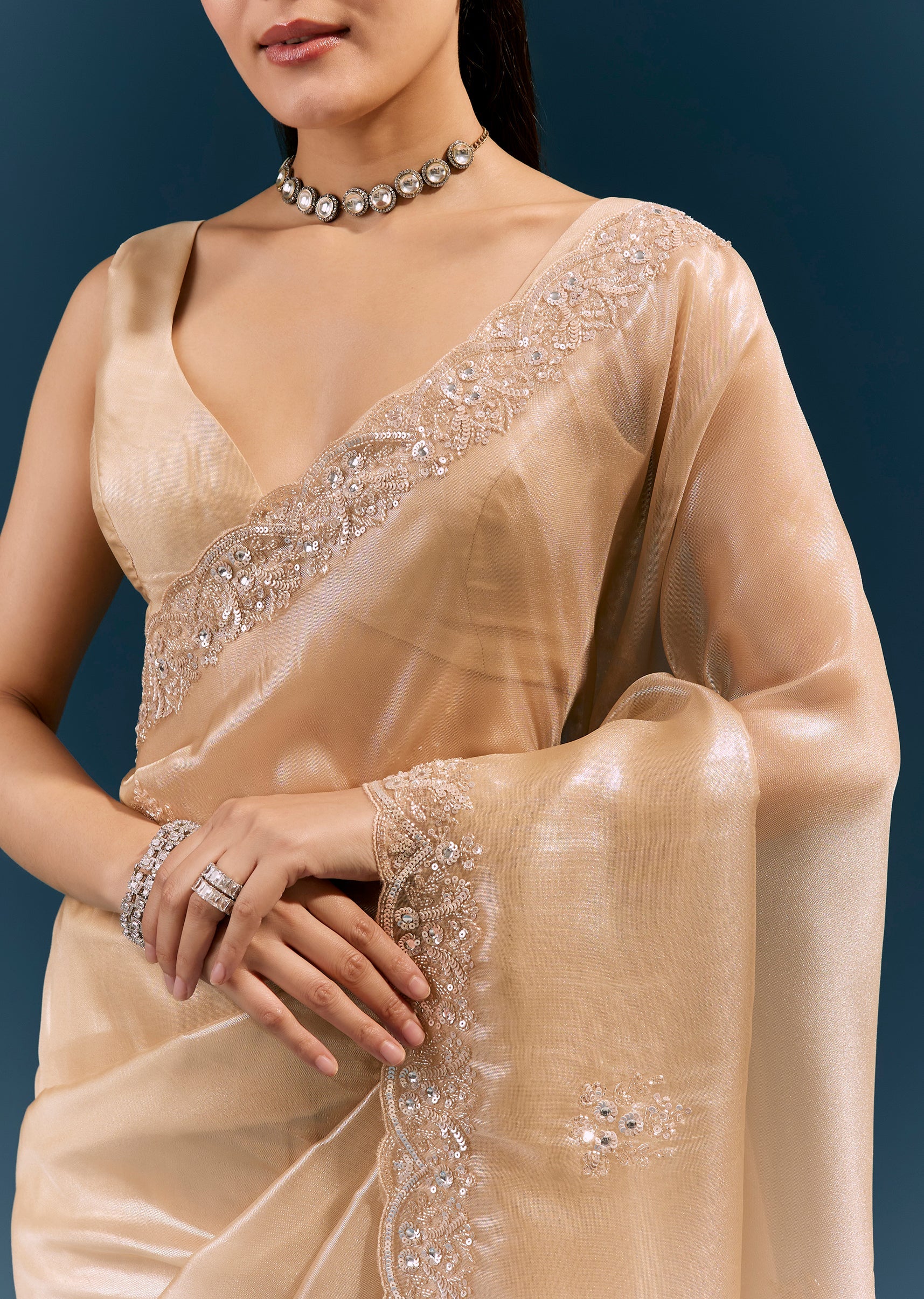 Beige Net Saree With Scalloped Cutda And Sequin Embroidered Border - Image 2