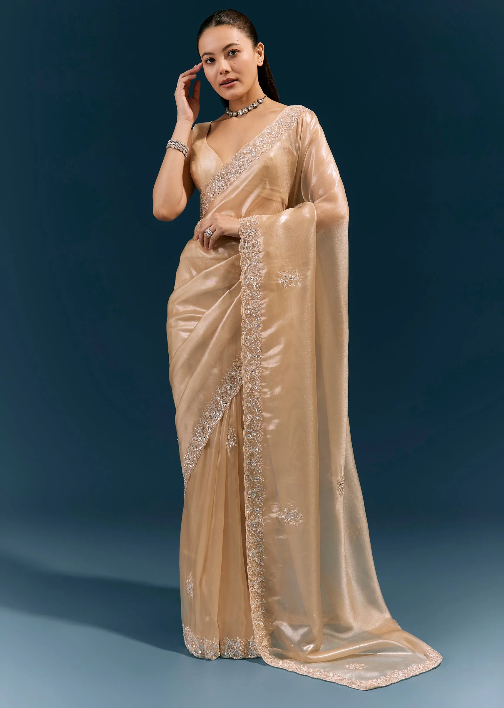 Beige Net Saree With Scalloped Cutda And Sequin Embroidered Border - Image 3