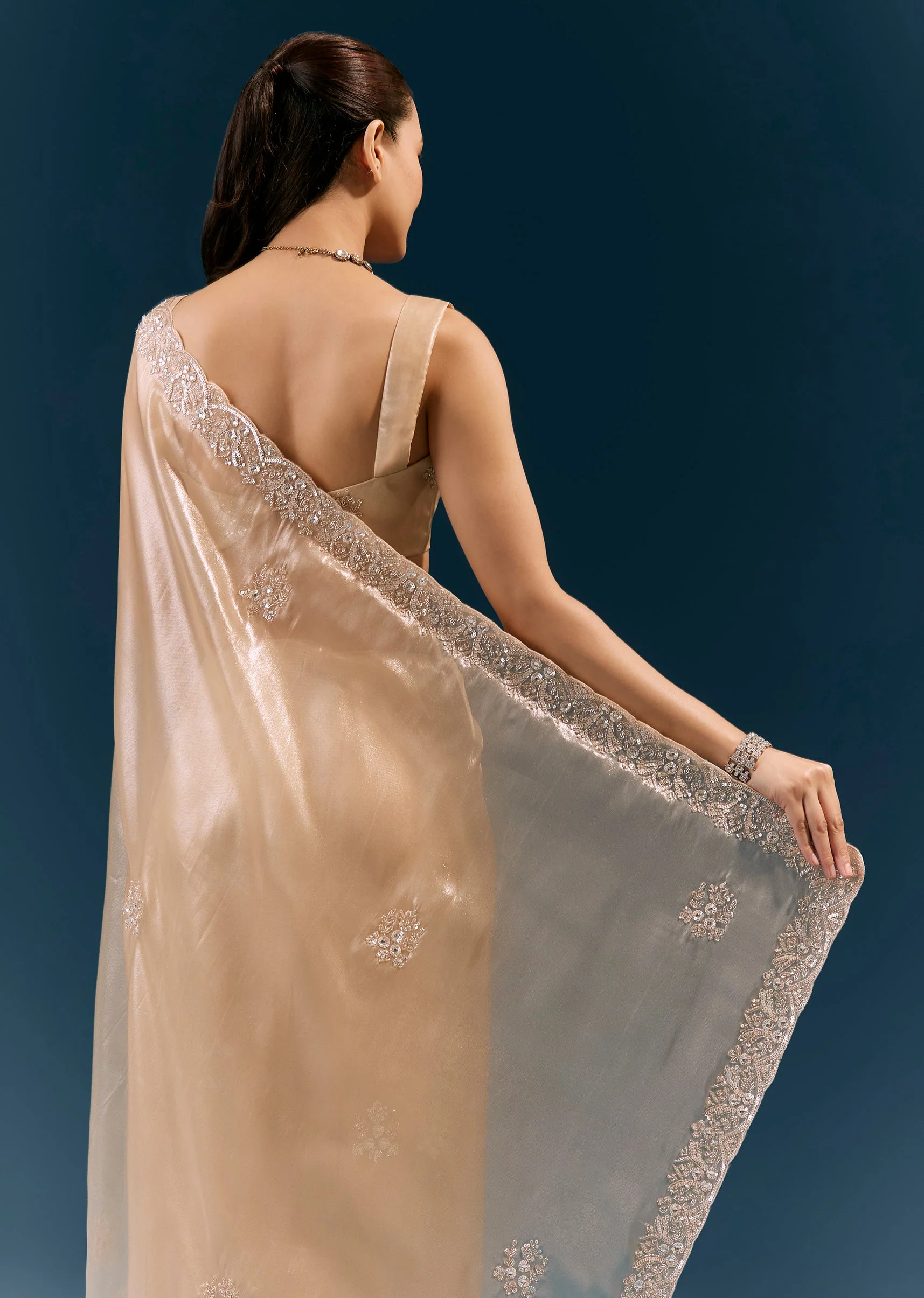Beige Net Saree With Scalloped Cutda And Sequin Embroidered Border - Image 6