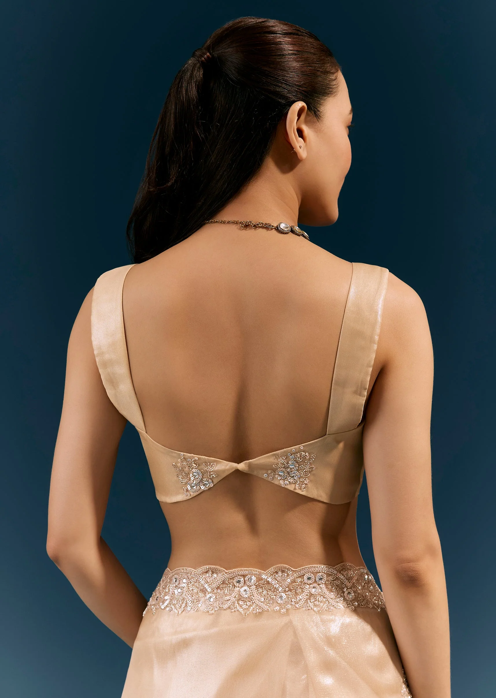 Beige Net Saree With Scalloped Cutda And Sequin Embroidered Border - Image 8