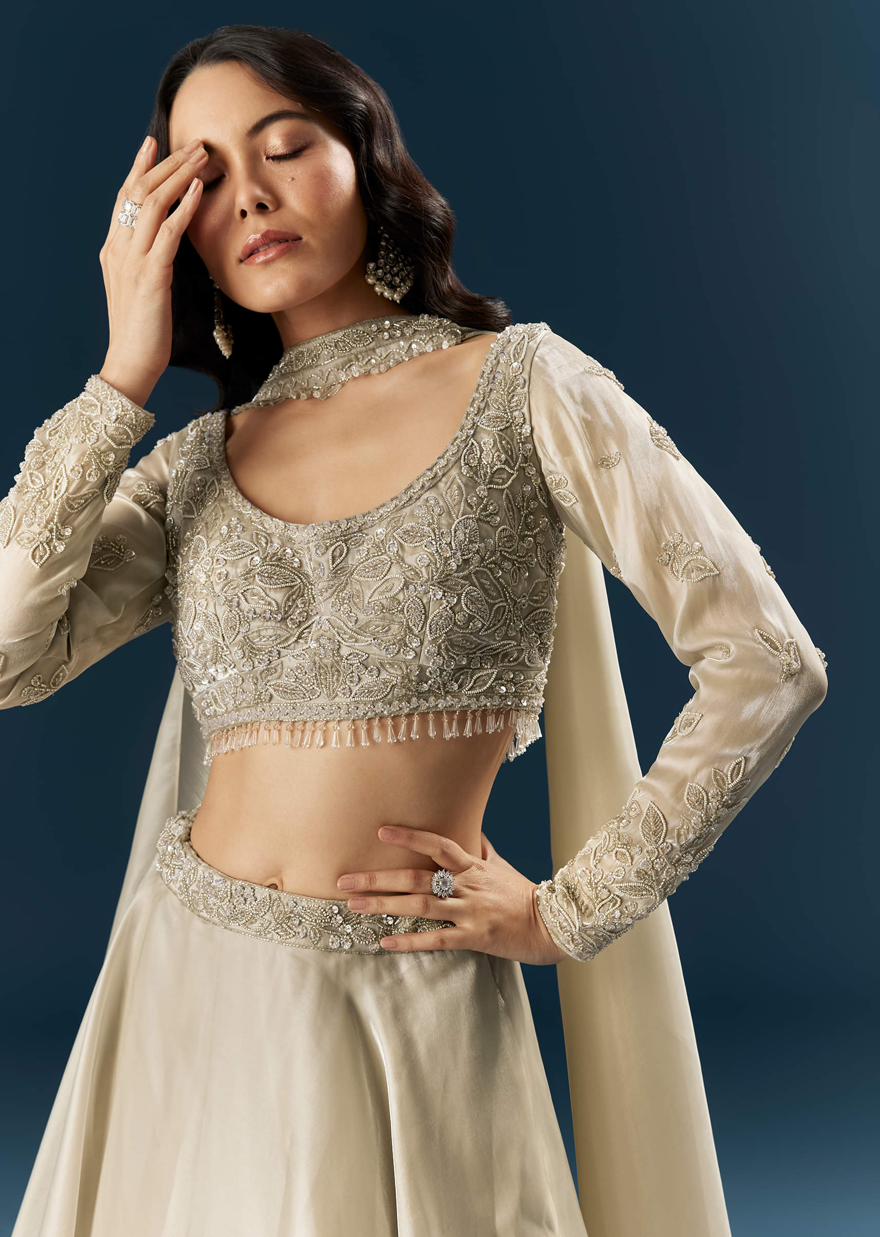 Beige Organza Bridesmaid Lehenga With Beads And Cutdana Embroidery - Image 3