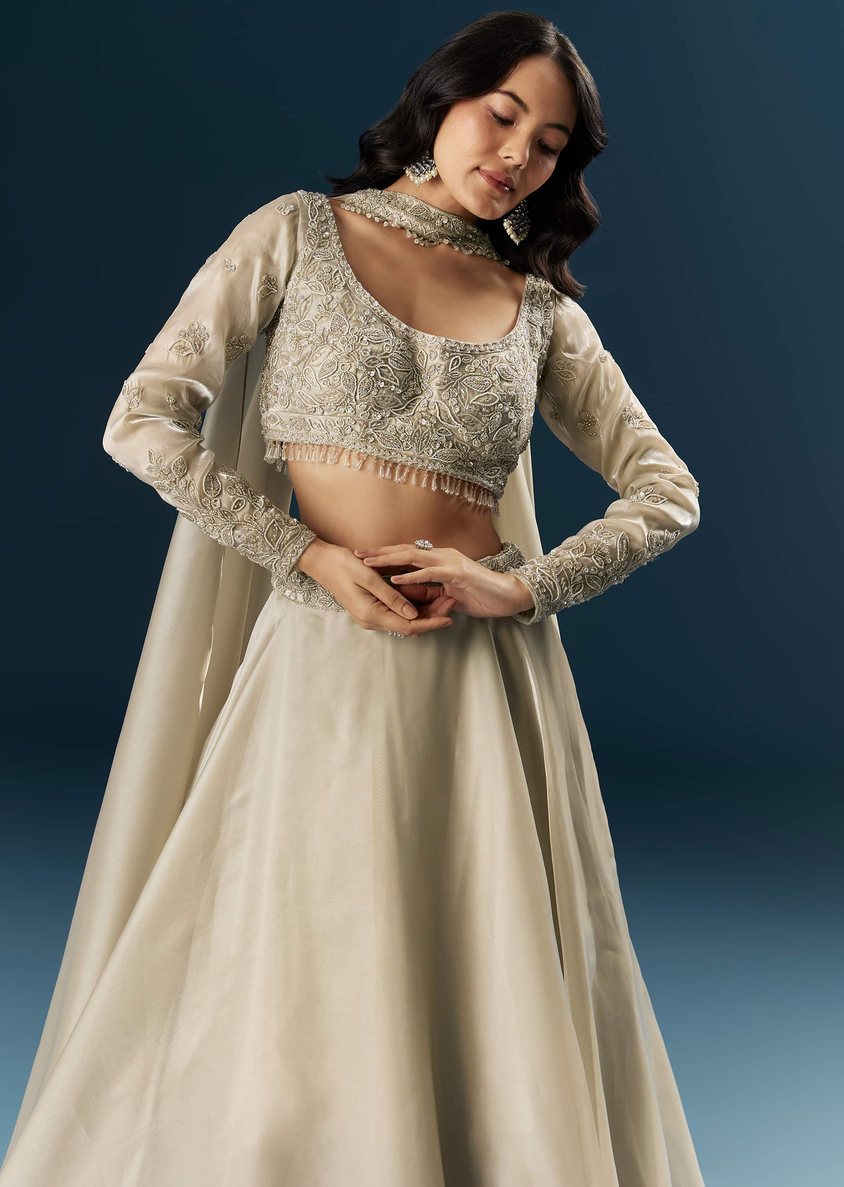 Beige Organza Bridesmaid Lehenga With Beads And Cutdana Embroidery - Image 5