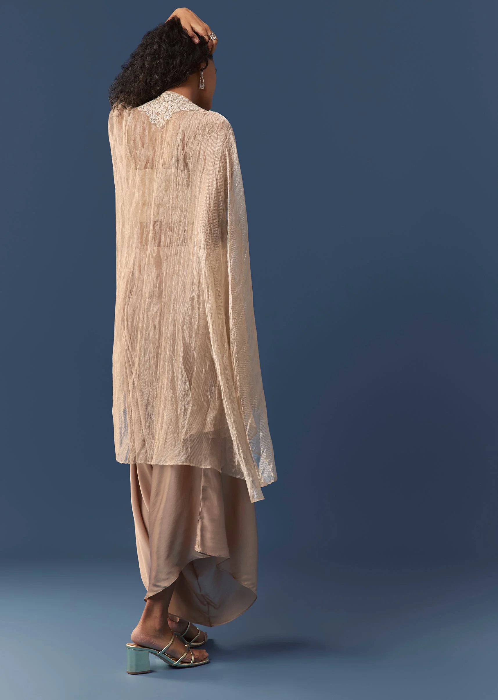 Beige Organza Indowestern Cape and Palazzo Set - Image 5