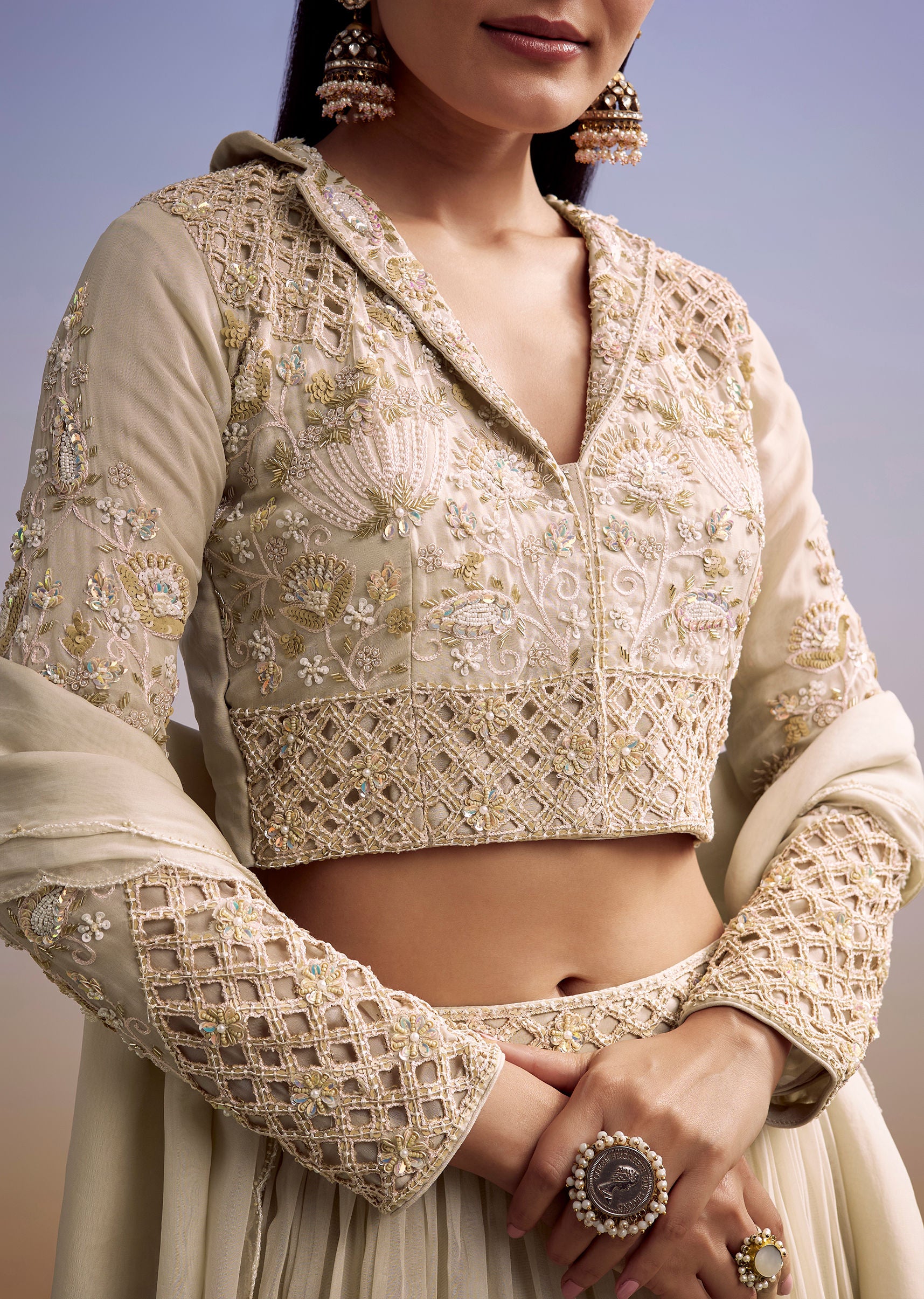 Beige Organza Lehenga Set With Embroidered Choli And Dupatta - Image 3