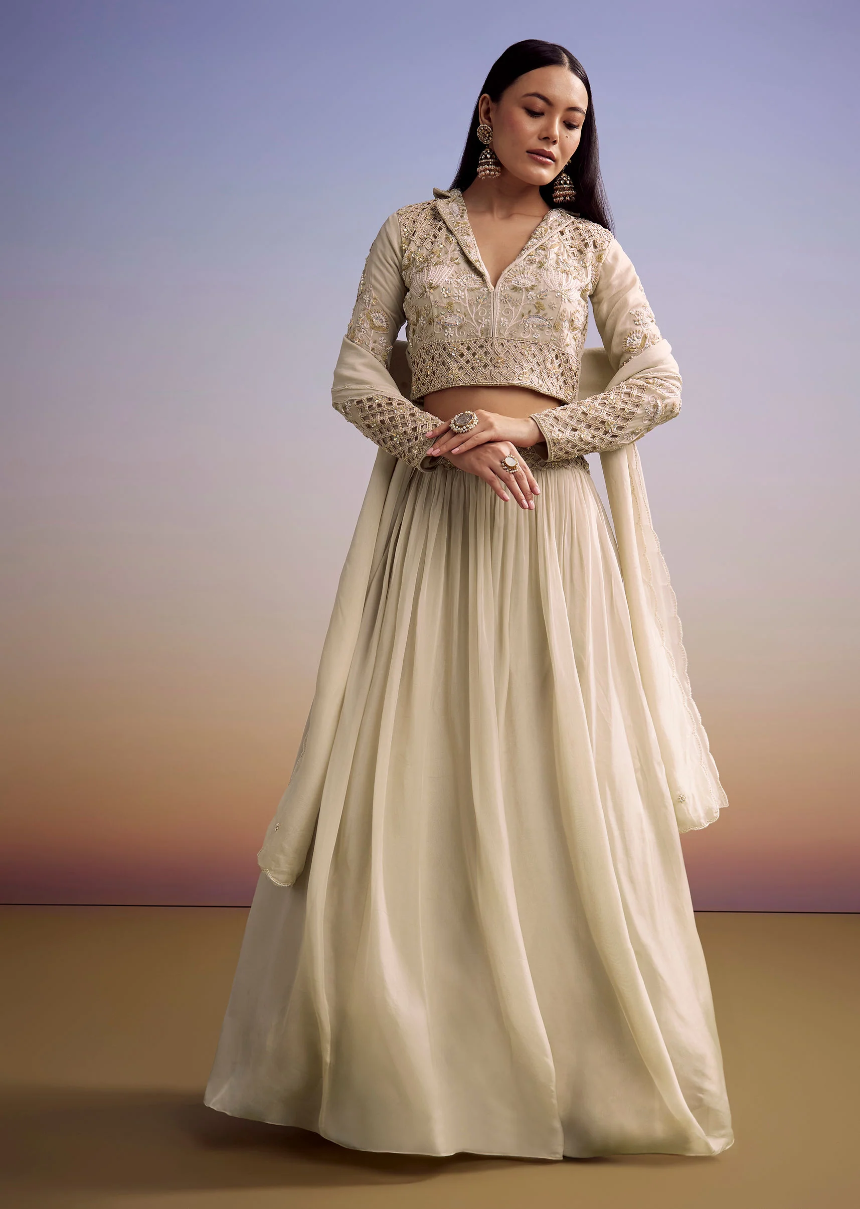 Beige Organza Lehenga Set With Embroidered Choli And Dupatta - Image 4