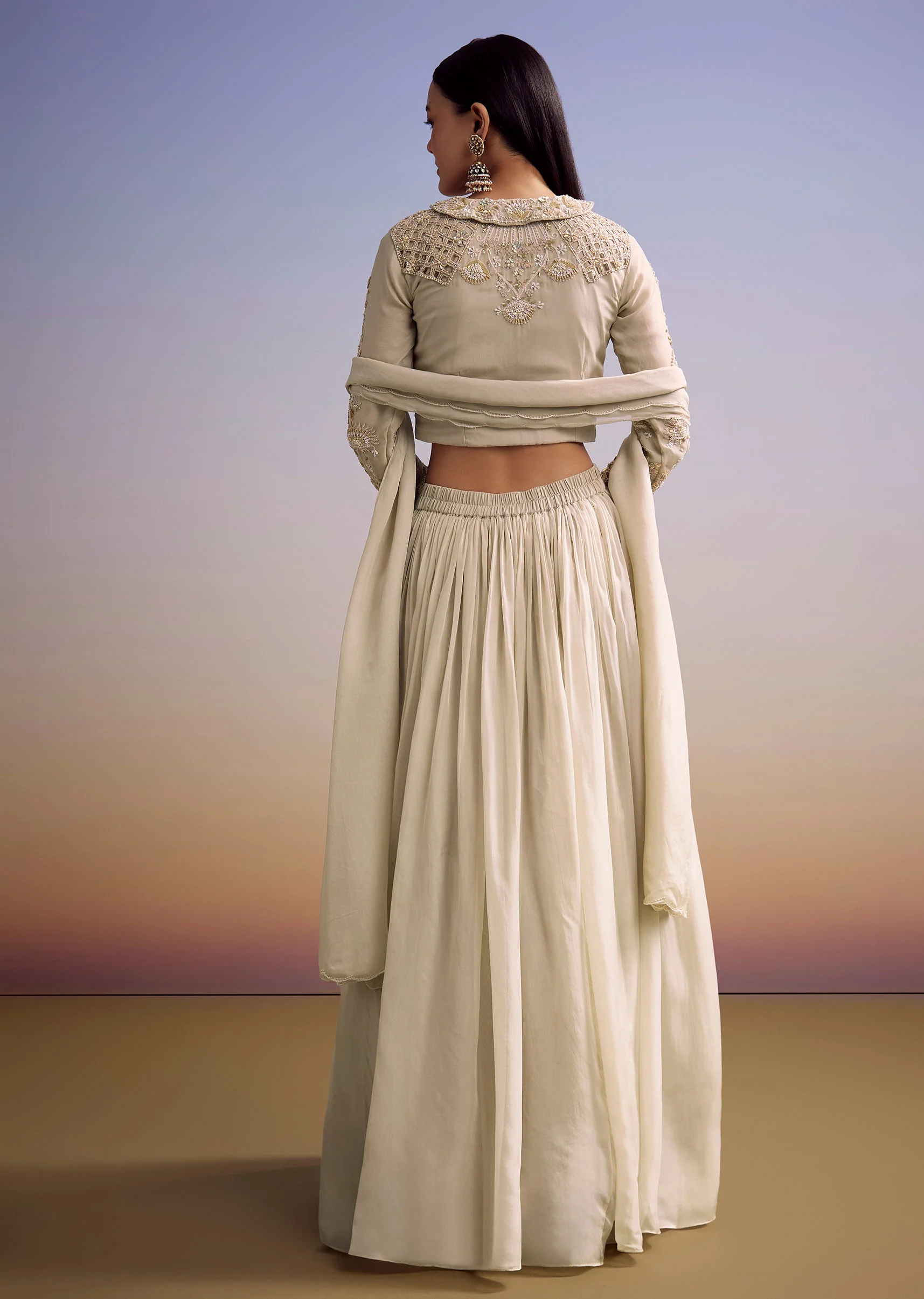 Beige Organza Lehenga Set With Embroidered Choli And Dupatta - Image 5