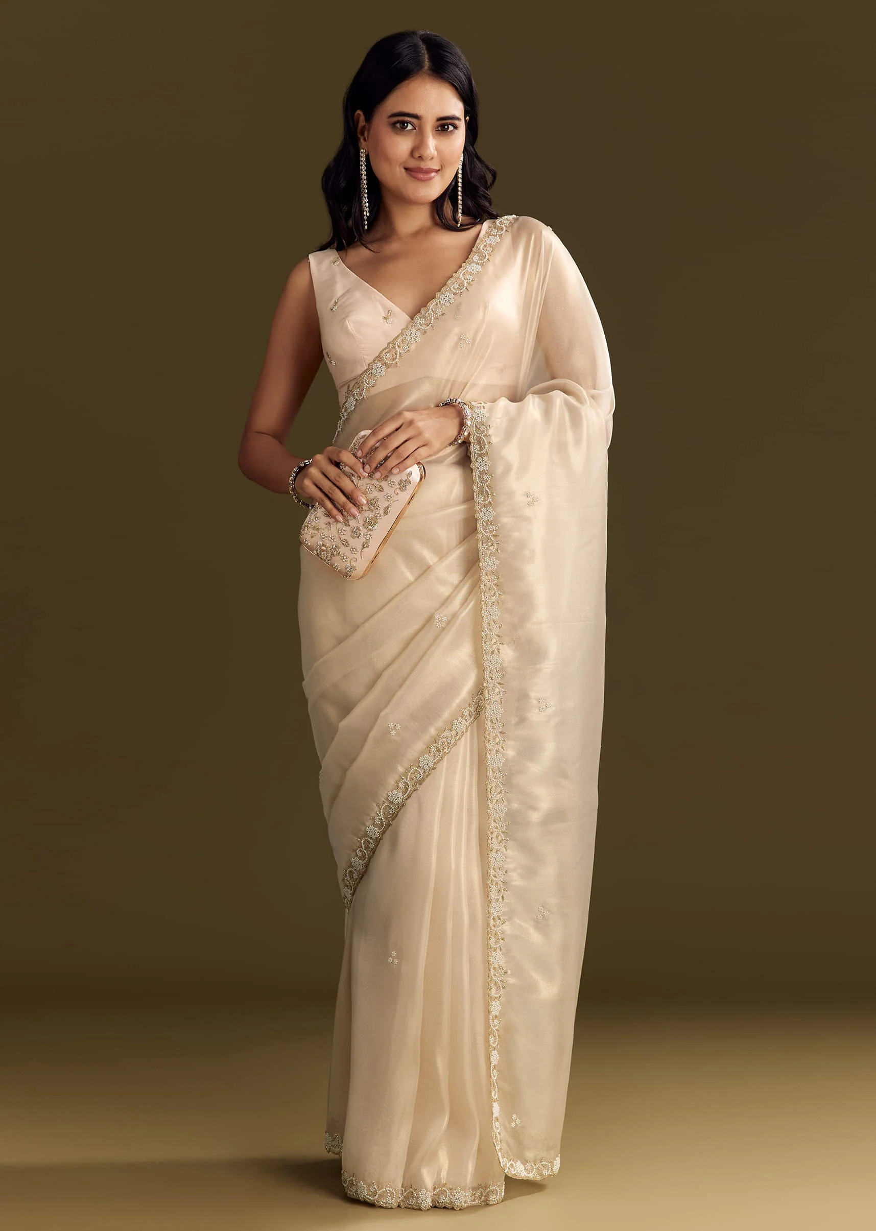 Beige Organza Tissue Saree With Cutdana And Beads Scallop Border - Image 5