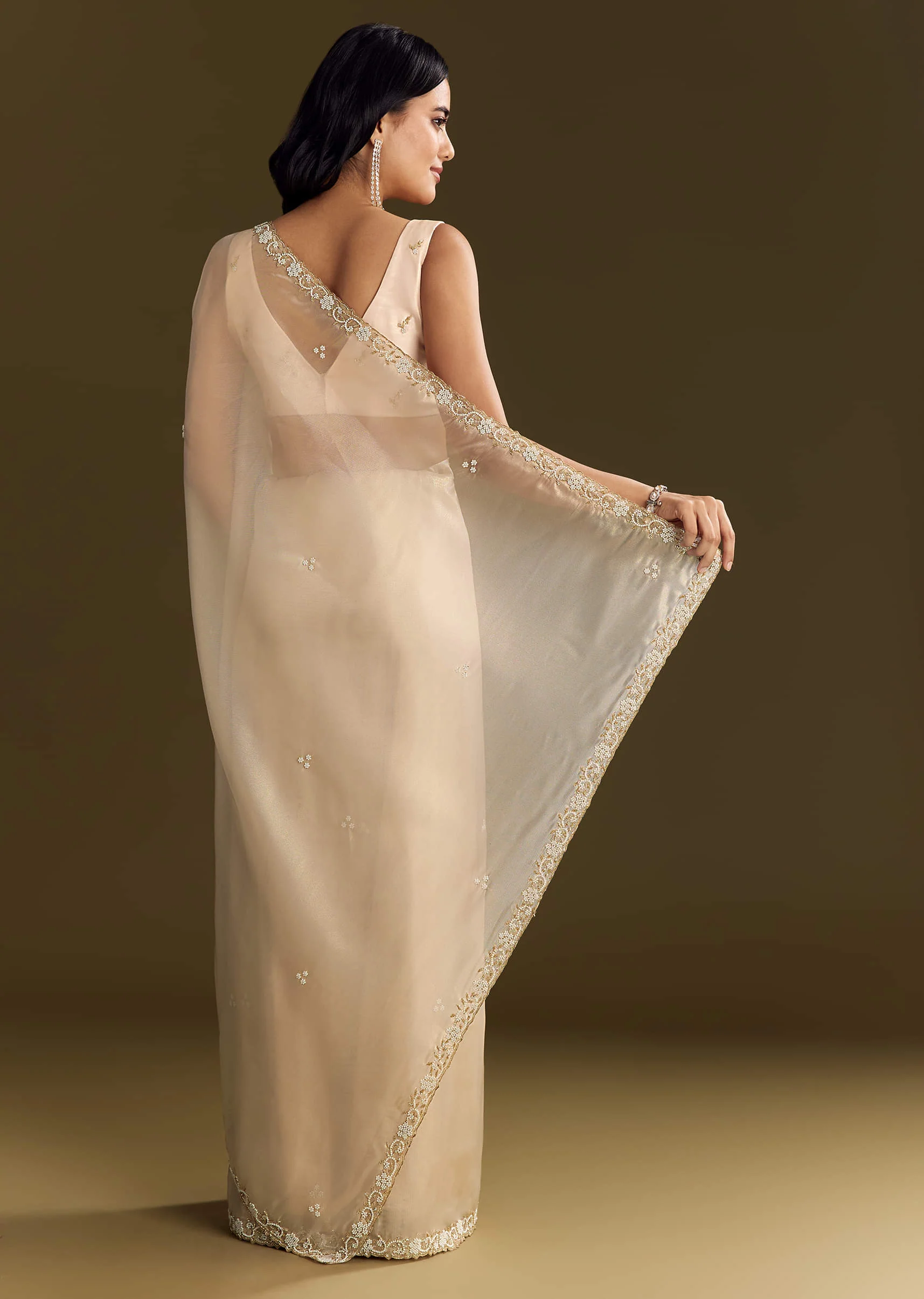 Beige Organza Tissue Saree With Cutdana And Beads Scallop Border - Image 6