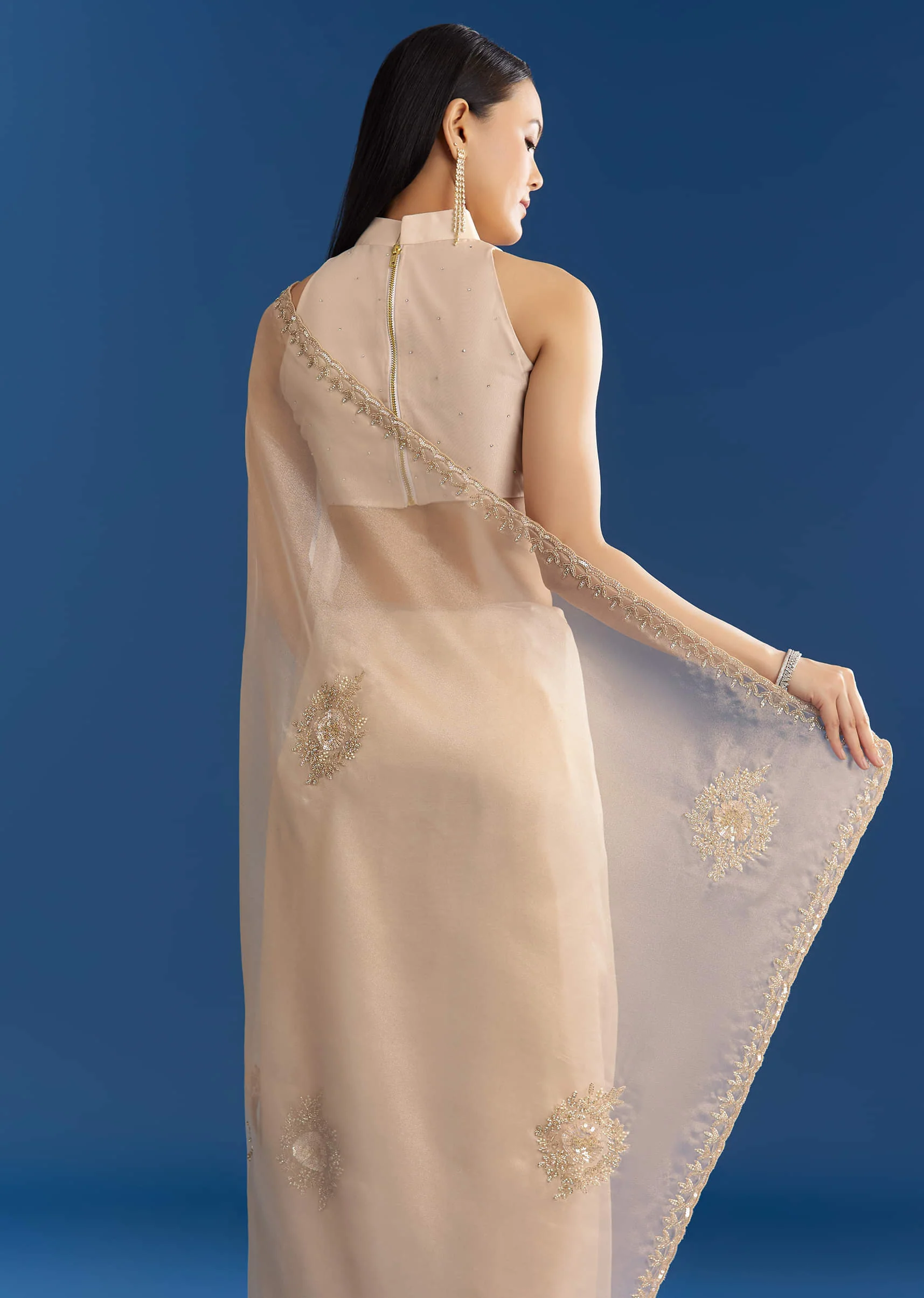 Beige Organza Tissue Saree With Delicate Embellished Edge - Image 4