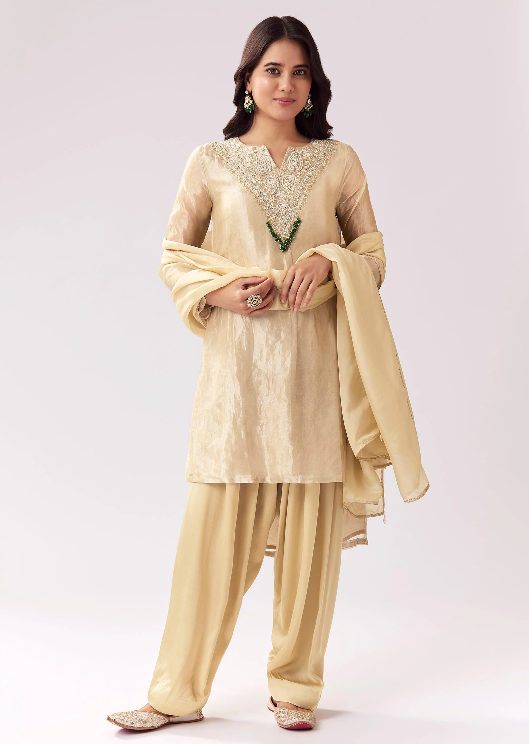 Beige Patiala Suit With Zardozi Detailing