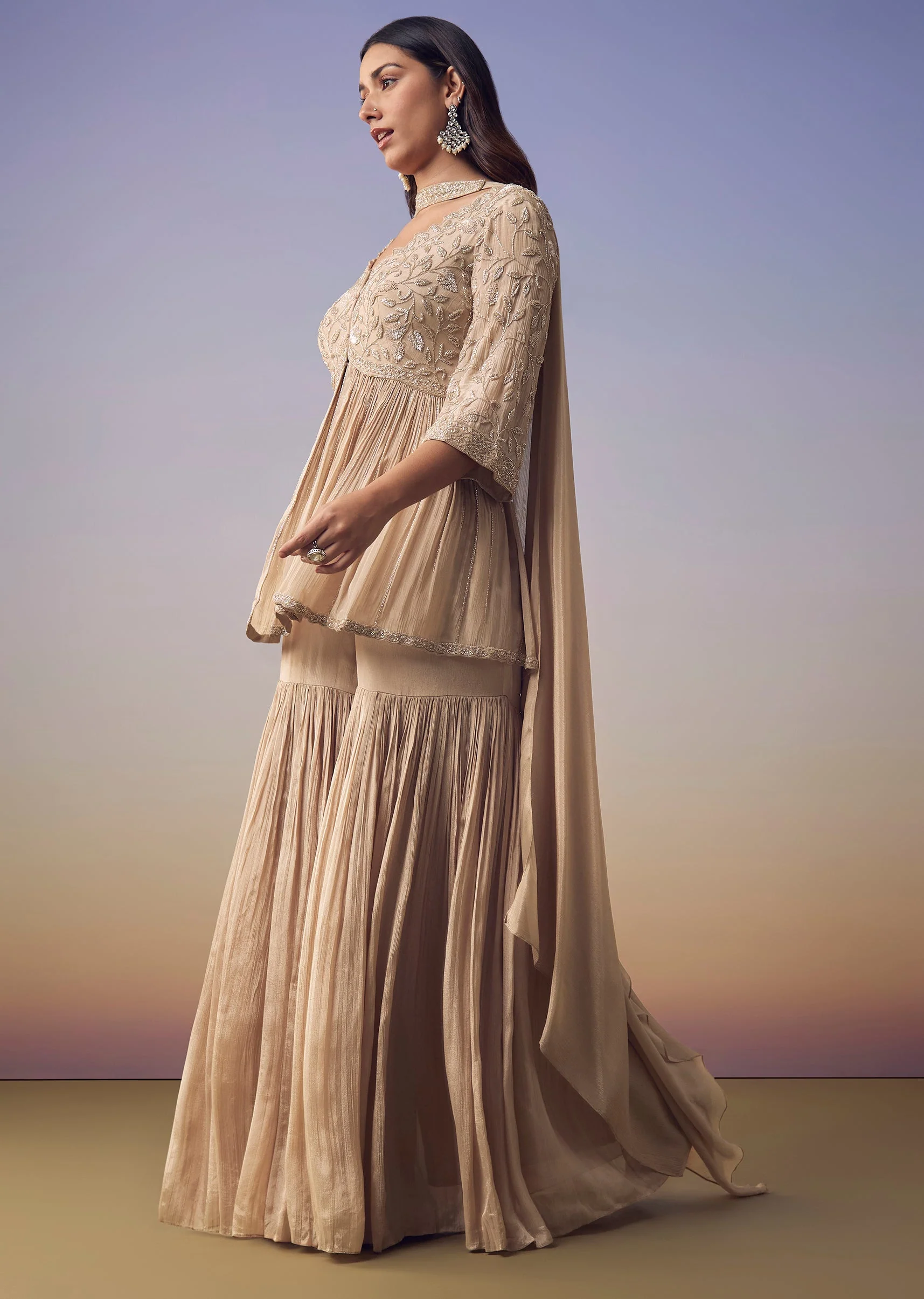 Beige Peplum Kurta Sharara Set - Image 3