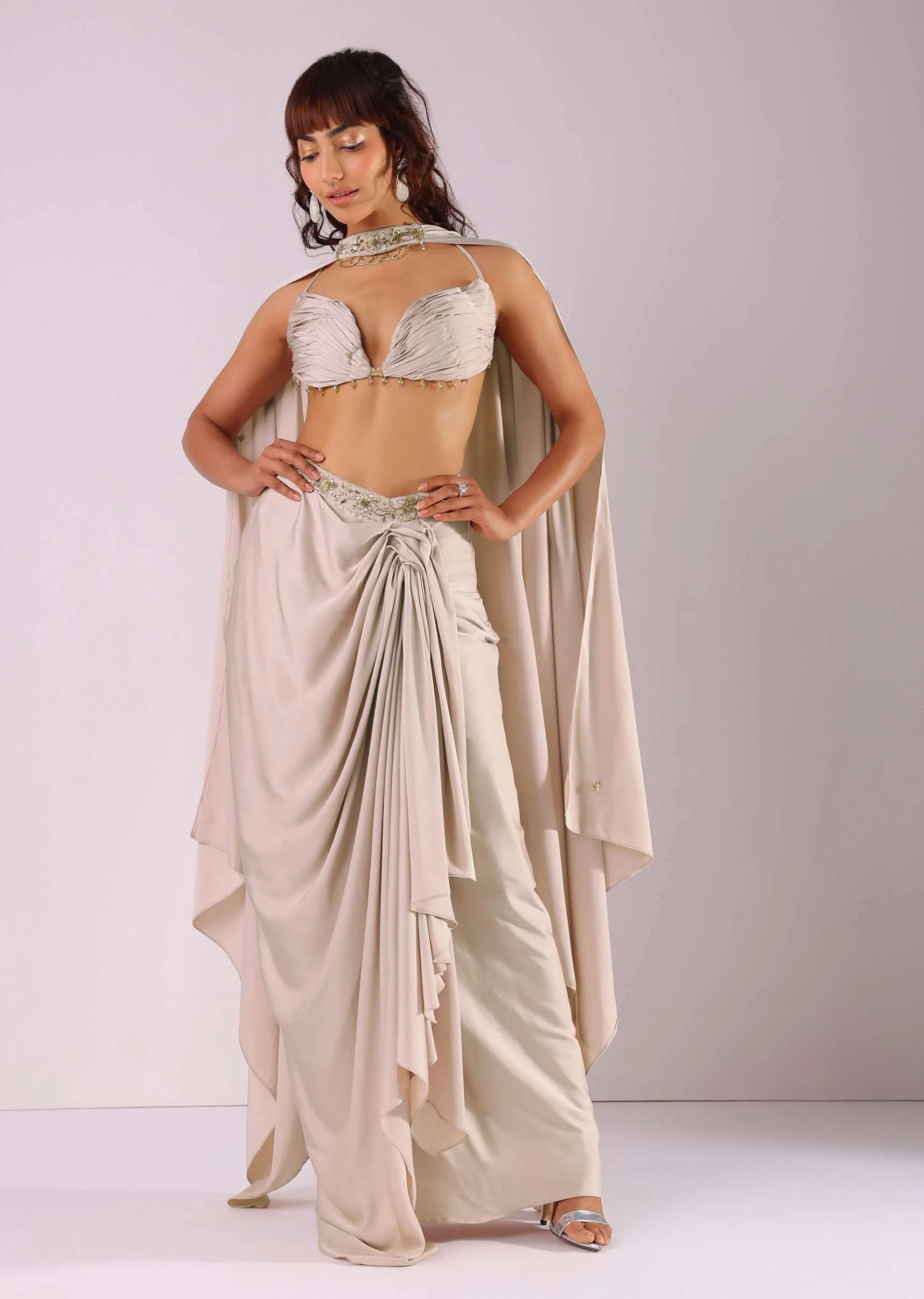 Beige Pleated Skirt And Top With Embroidered Choker Dupatta - Image 3