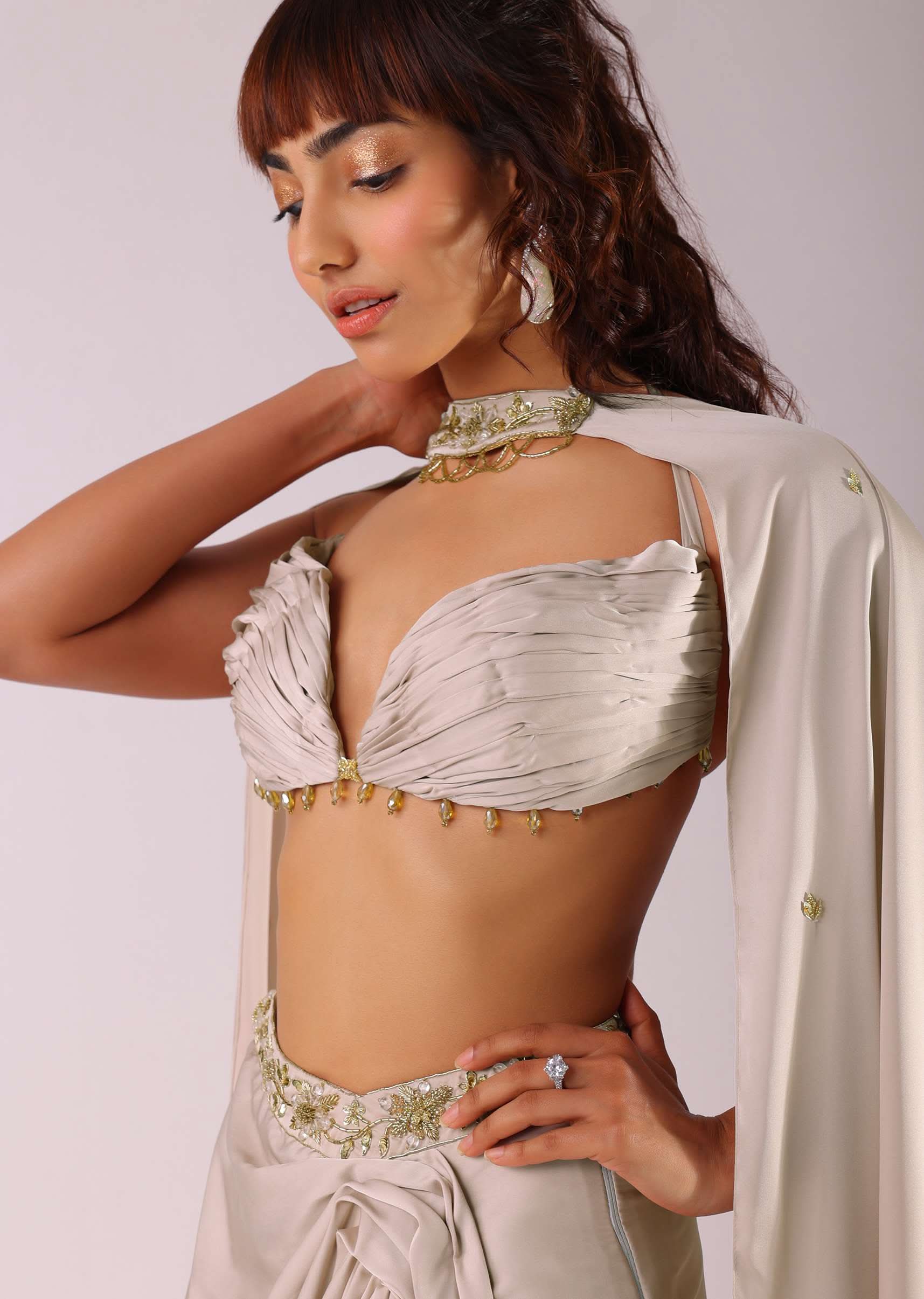 Beige Pleated Skirt And Top With Embroidered Choker Dupatta - Image 4