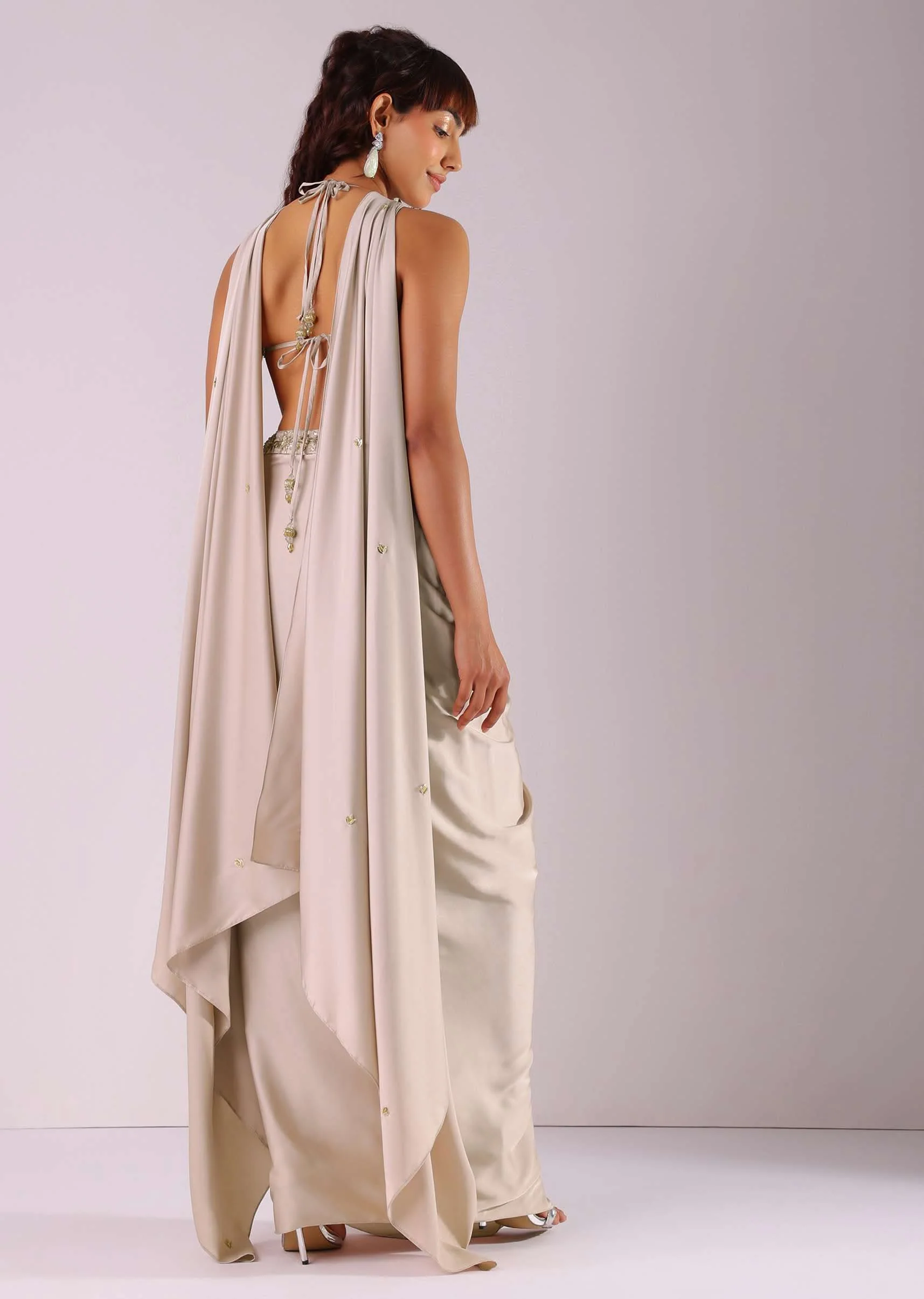 Beige Pleated Skirt And Top With Embroidered Choker Dupatta - Image 5