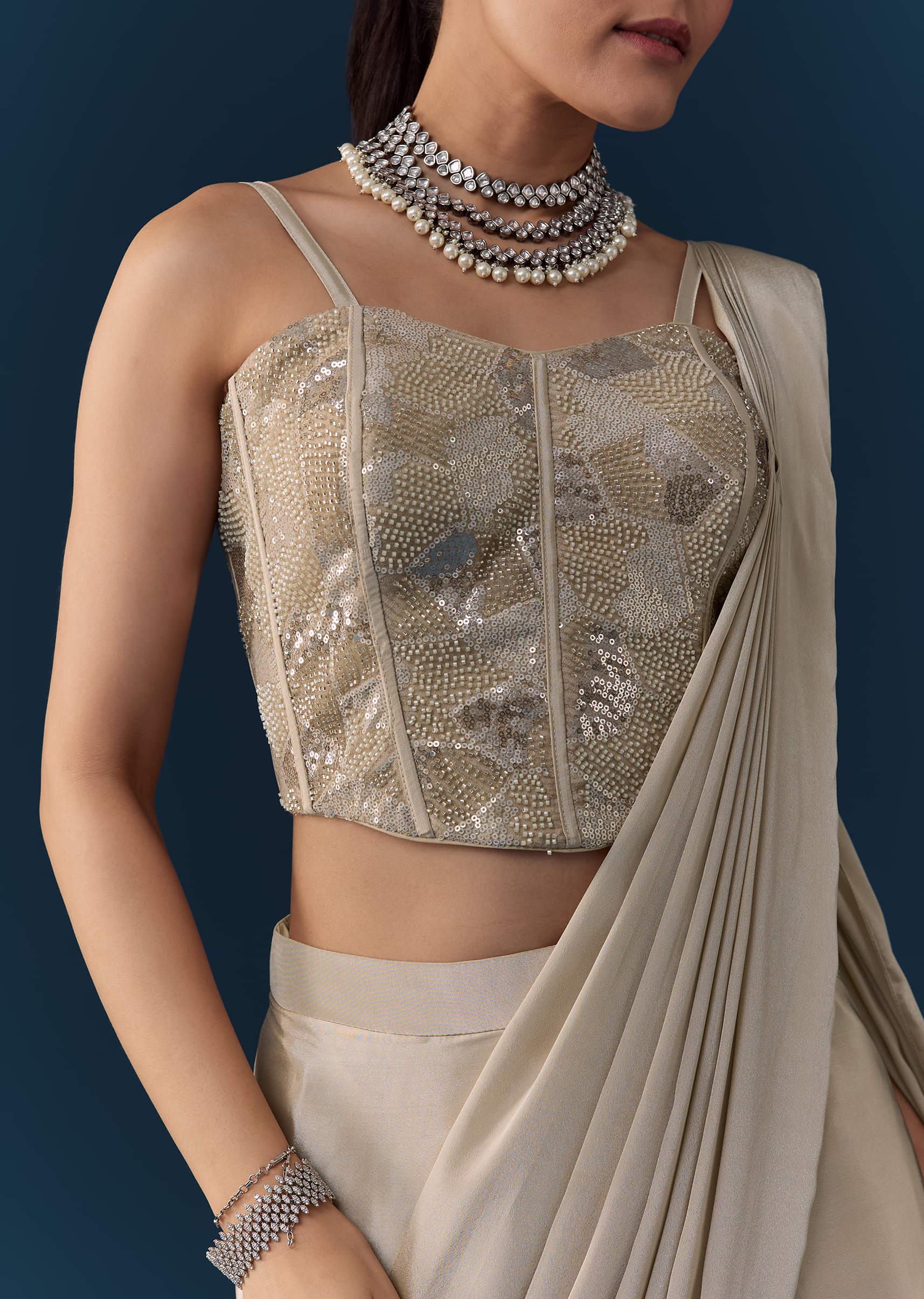 Beige Pre Pleated Saree with Sequin Corset Blouse - Image 2