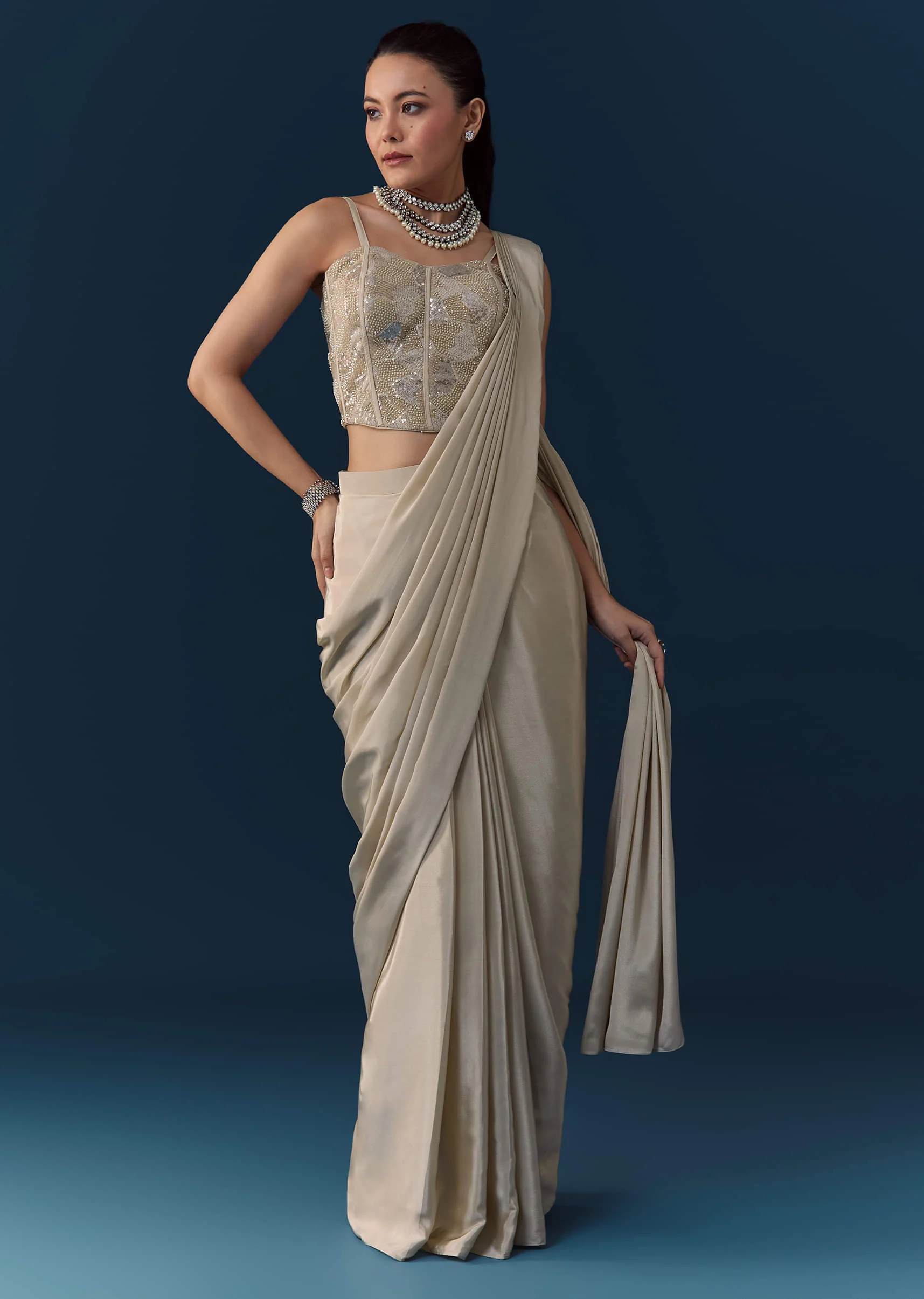 Beige Pre Pleated Saree with Sequin Corset Blouse - Image 3