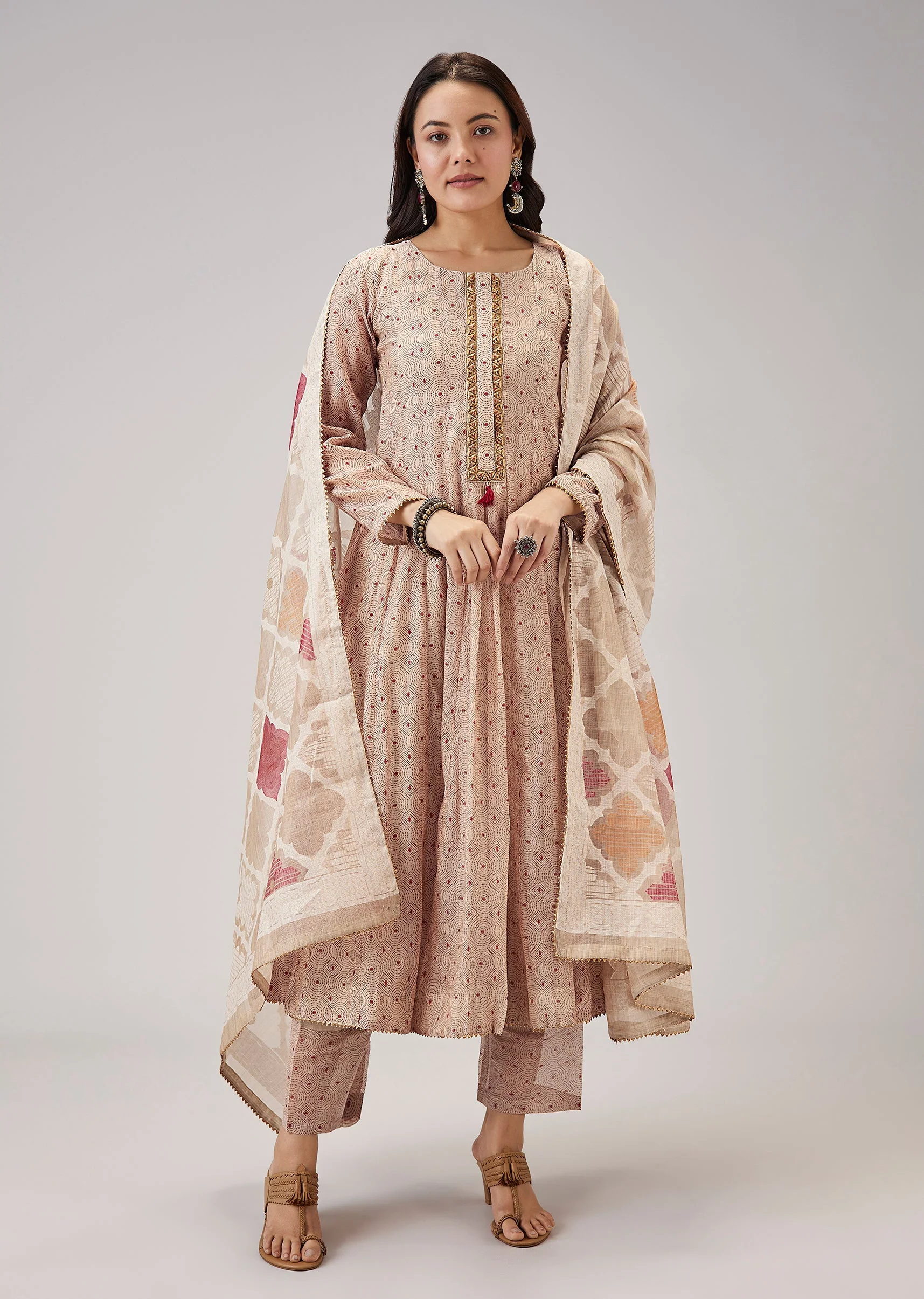 Beige Printed Chanderi Anarkali Set - Image 3