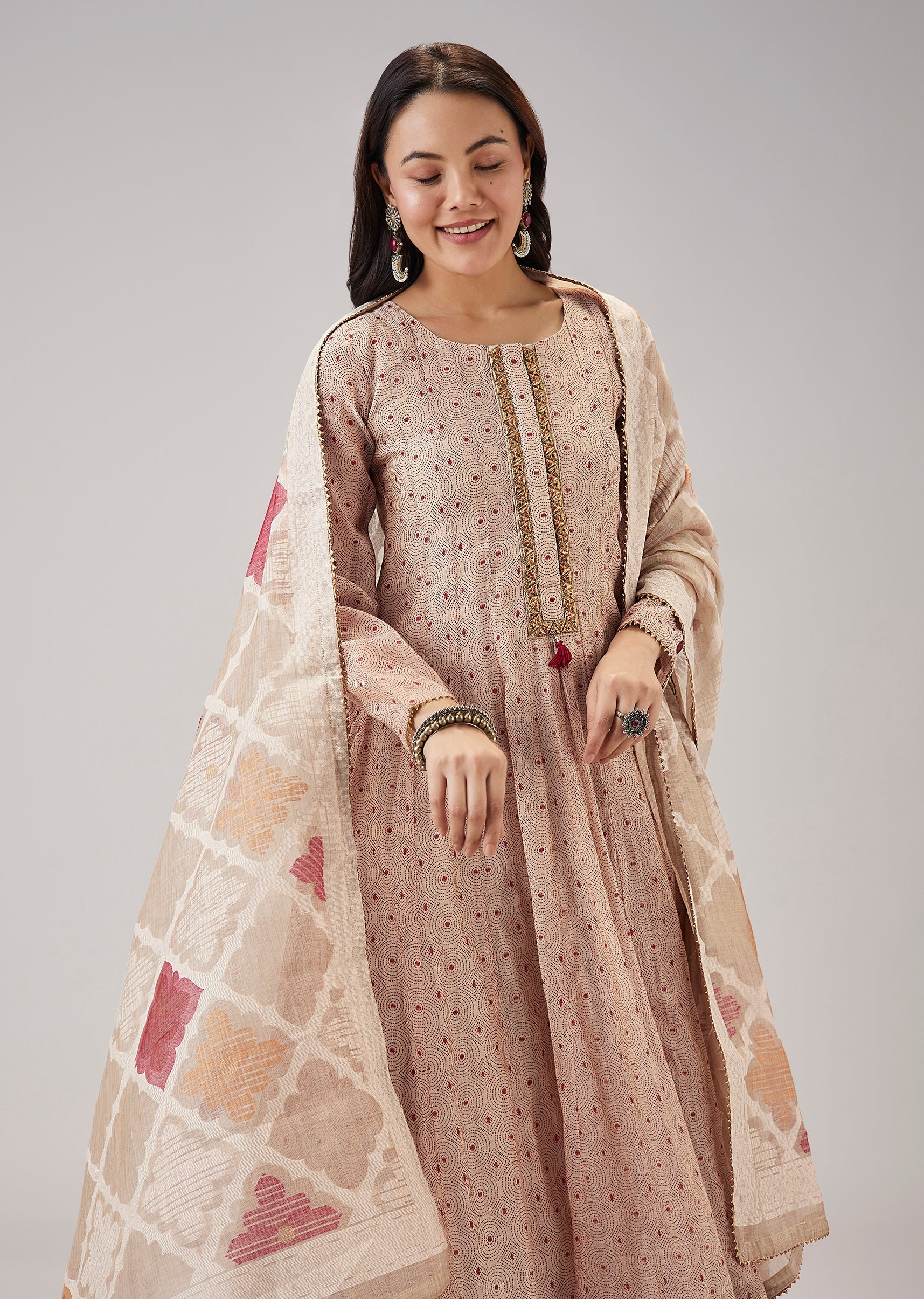 Beige Printed Chanderi Anarkali Set - Image 4