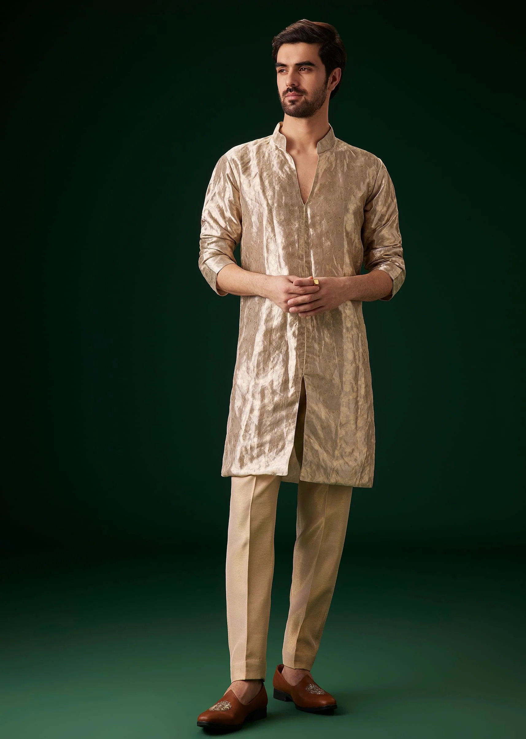 Beige Raw Silk Indowestern Sherwani Set - Image 3
