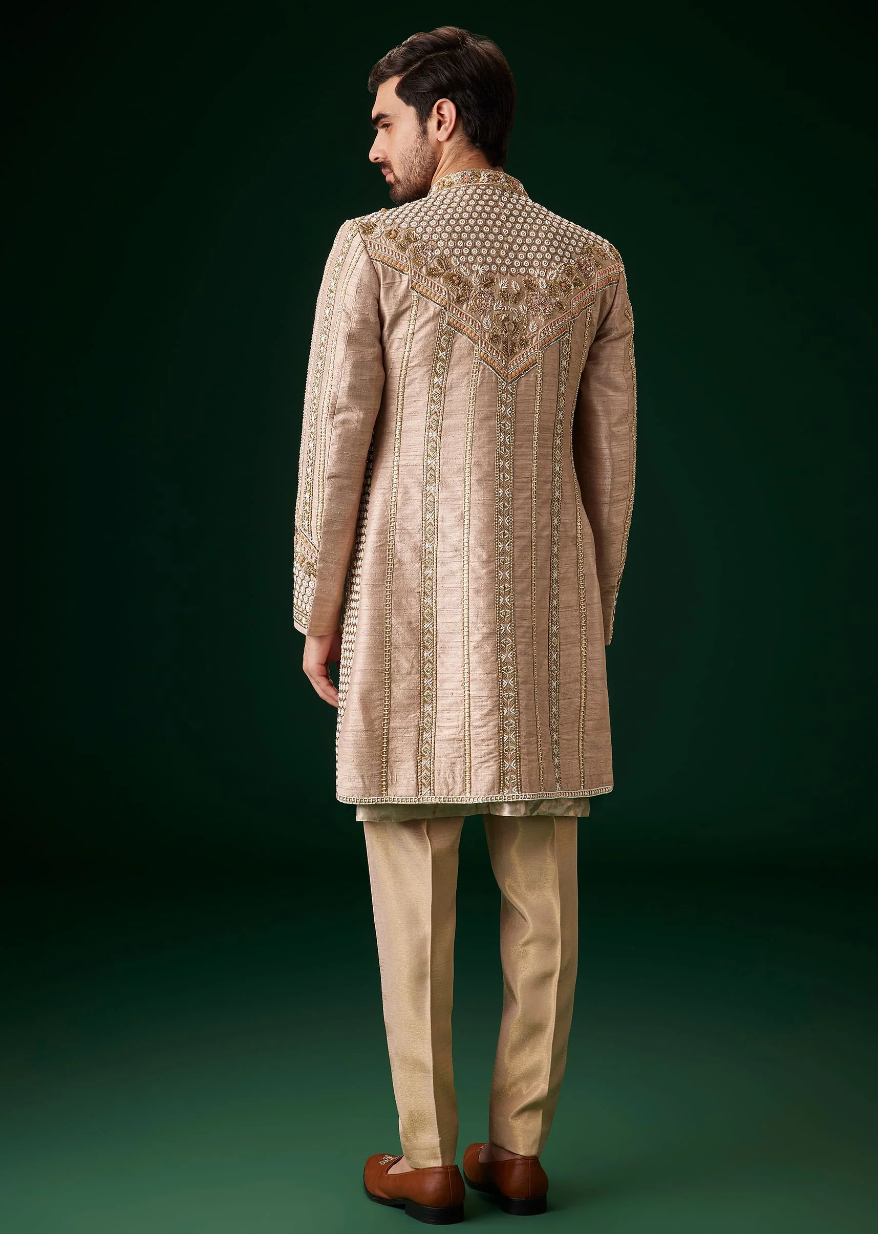 Beige Raw Silk Indowestern Sherwani Set - Image 5