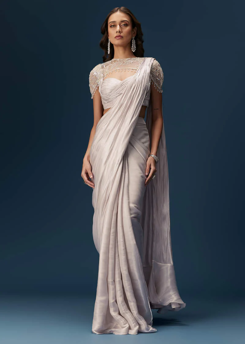 Beige Ready Pleated Saree With Cape And Blouse