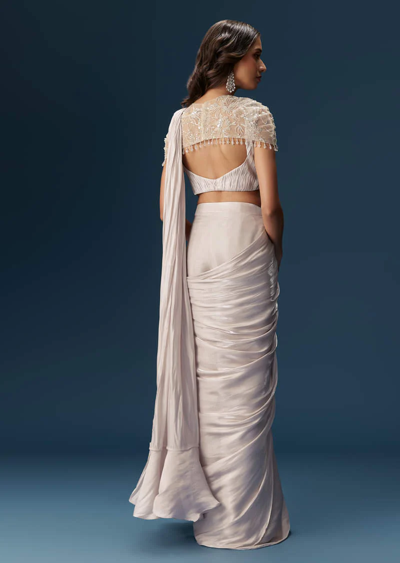 Beige Ready Pleated Saree With Cape And Blouse - Image 2