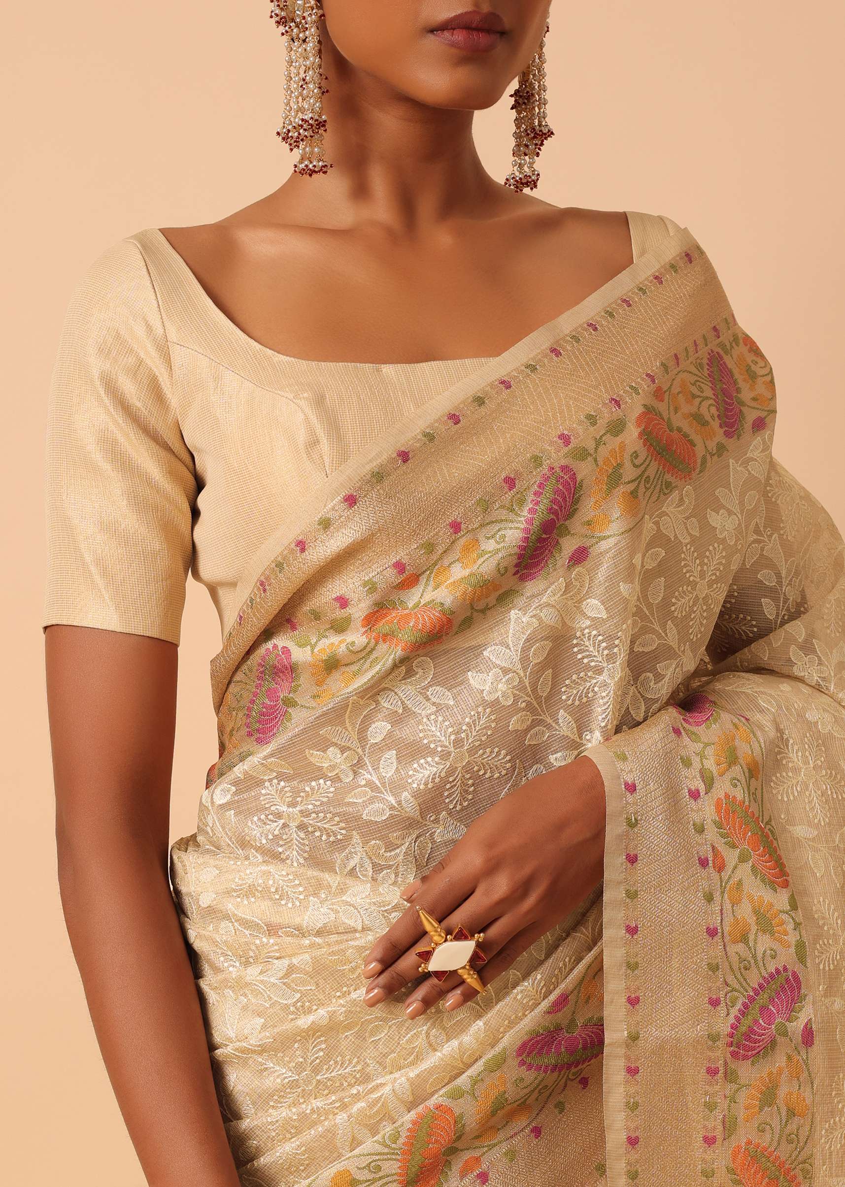 Beige Saree In Kora Silk With Floral Motif Multicolor Thread Work And Unstitched Blouse Piece - Image 4