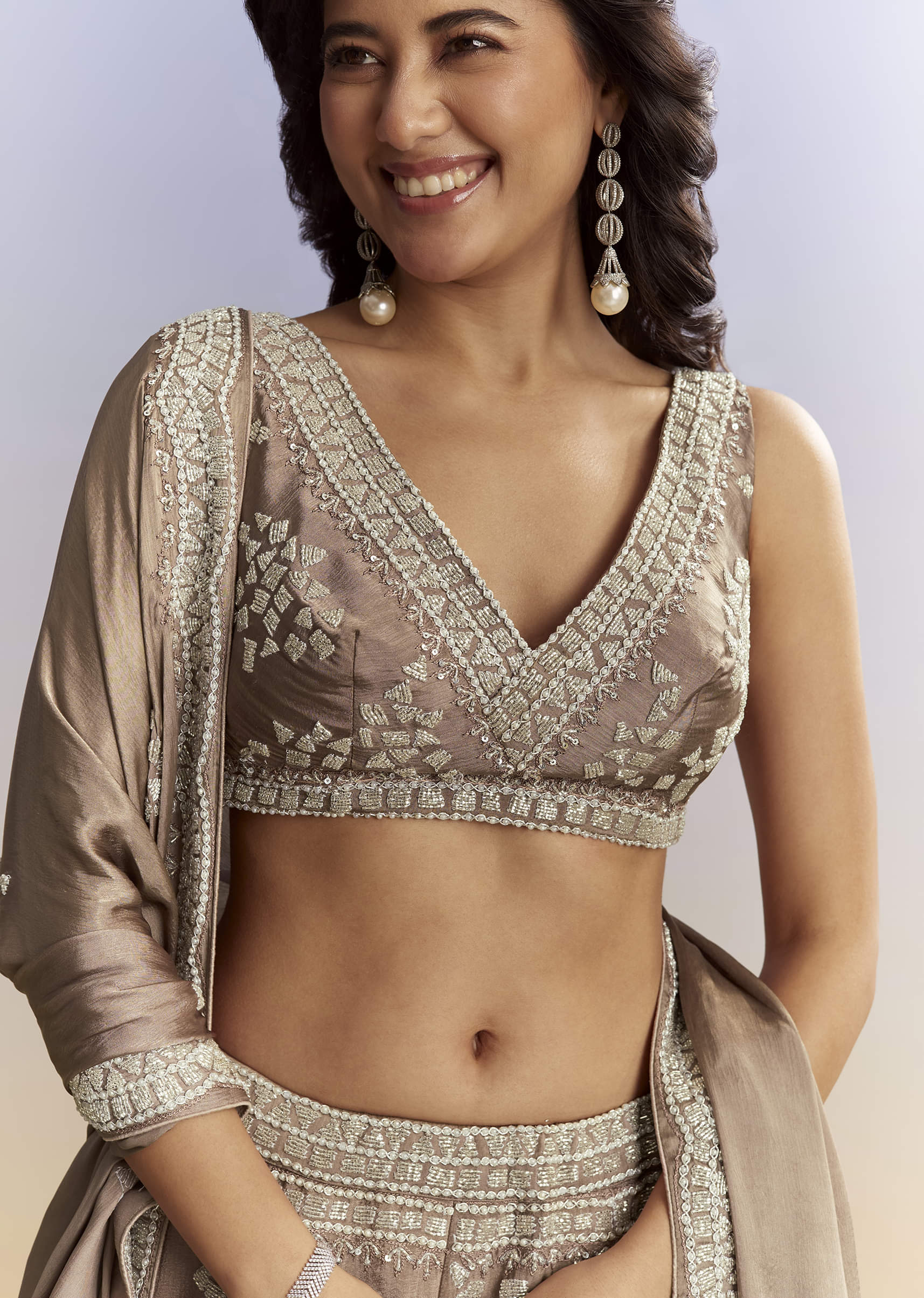 Beige Satin Bridesmaid Lehenga With Heavy Embroidery - Image 3