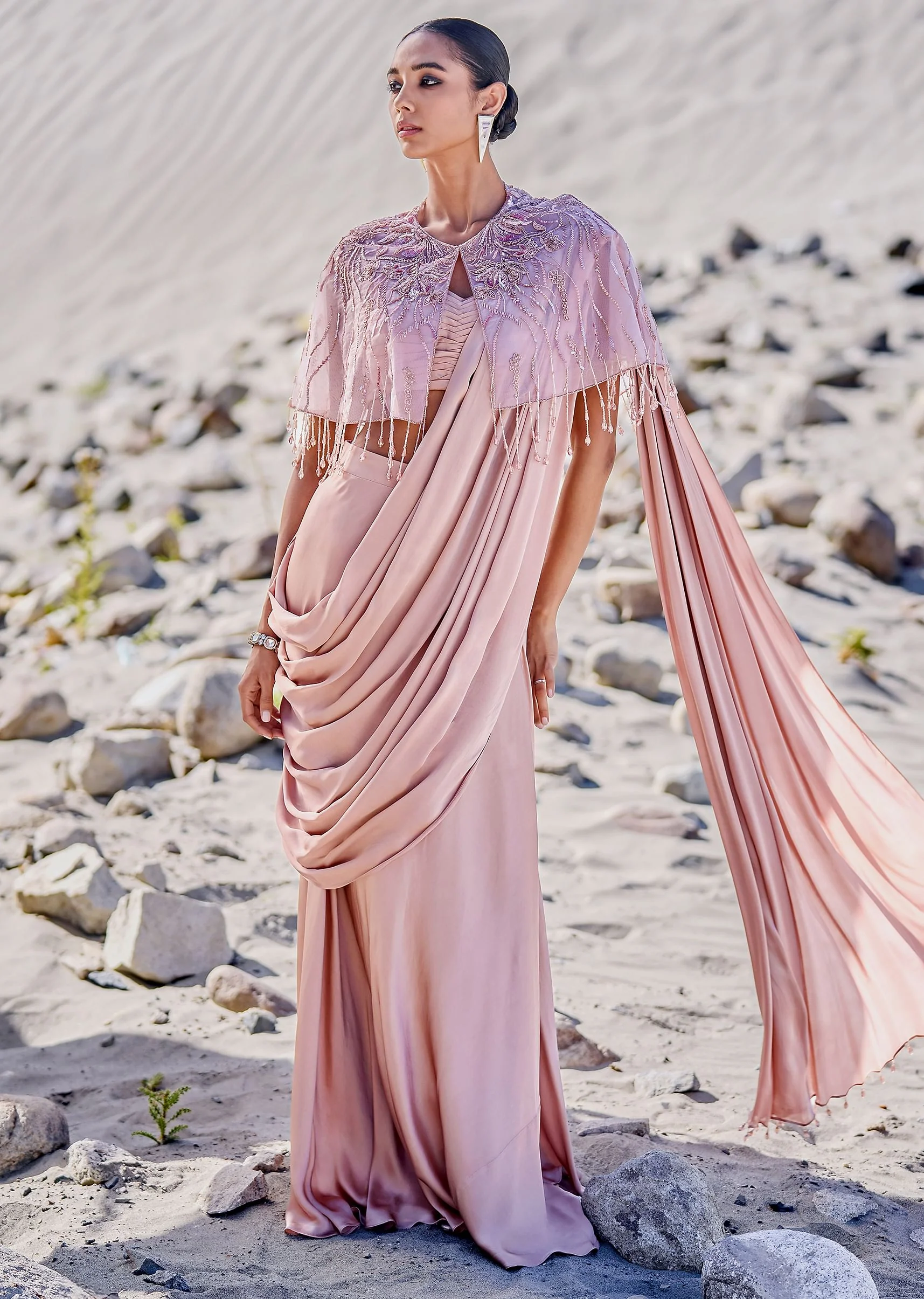 Beige Satin Draped Saree With Pleated Blouse And Embroidered Cape - Image 3