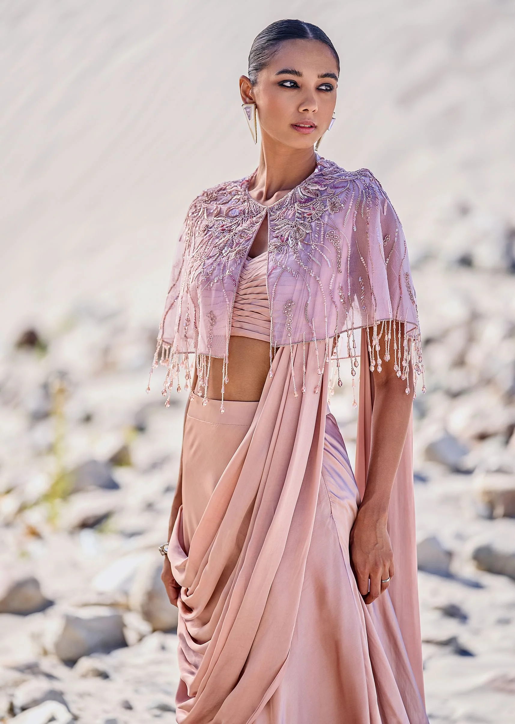 Beige Satin Draped Saree With Pleated Blouse And Embroidered Cape - Image 4