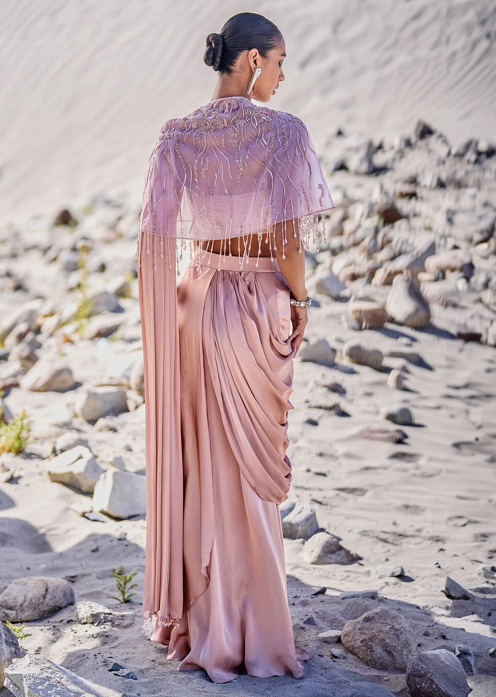 Beige Satin Draped Saree With Pleated Blouse And Embroidered Cape - Image 6