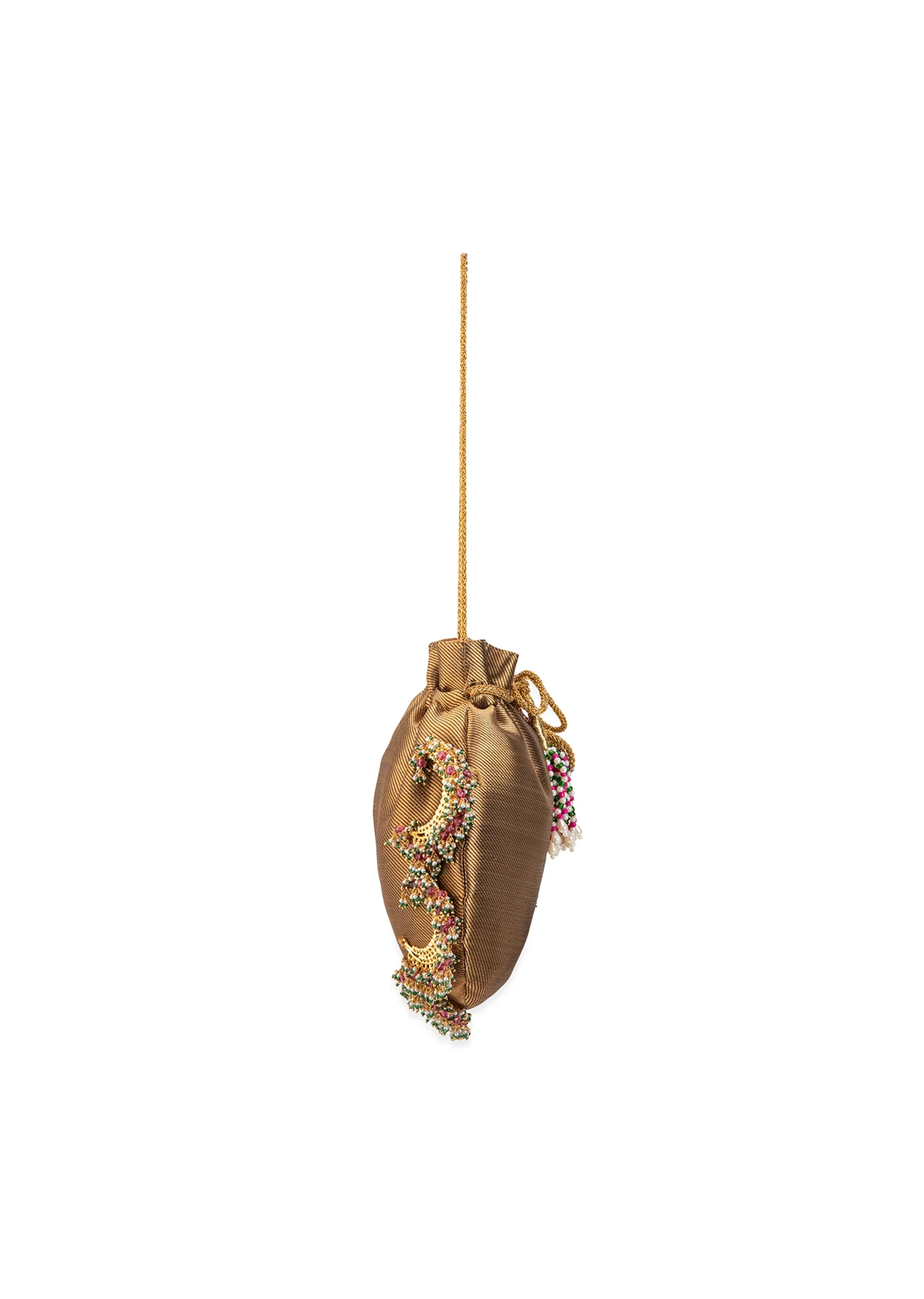 Beige Satin Potli Bag with Crescent Motif - Image 4