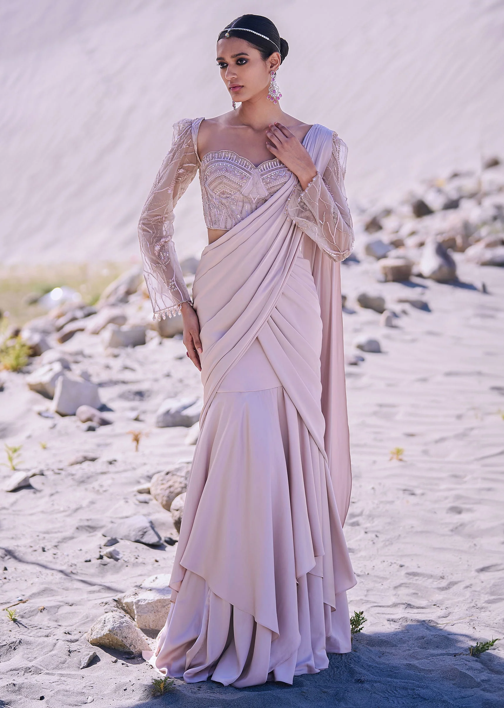 Beige Satin Pre Draped Saree With Embroidered Corset Blouse