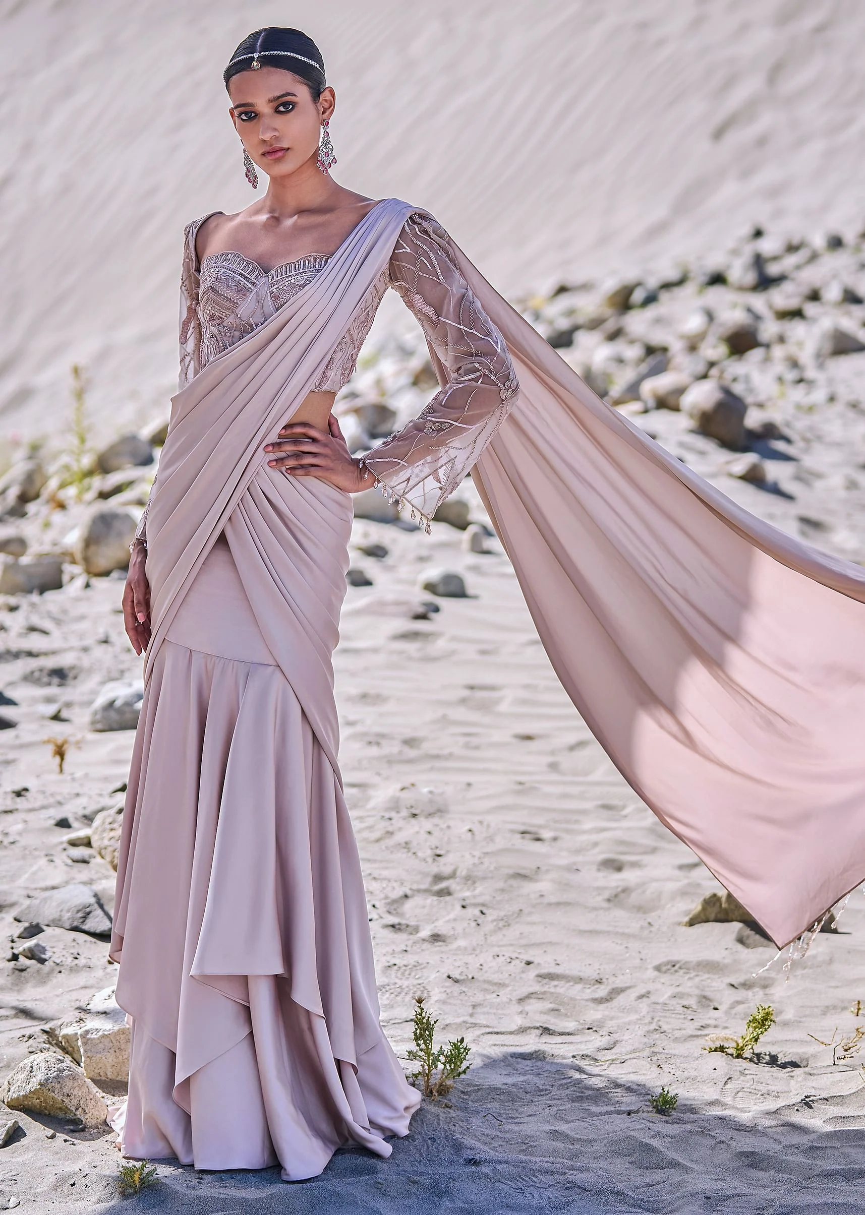 Beige Satin Pre Draped Saree With Embroidered Corset Blouse - Image 3