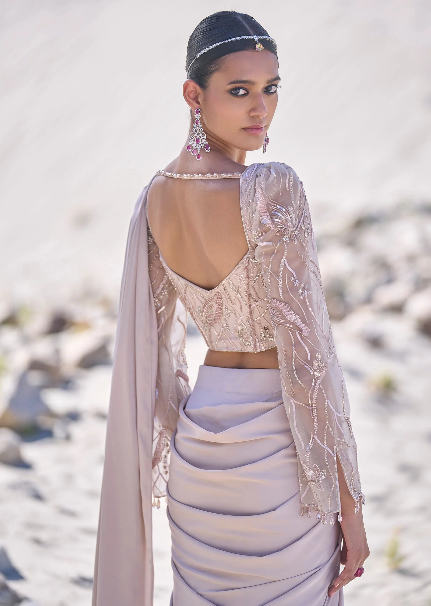 Beige Satin Pre Draped Saree With Embroidered Corset Blouse - Image 4