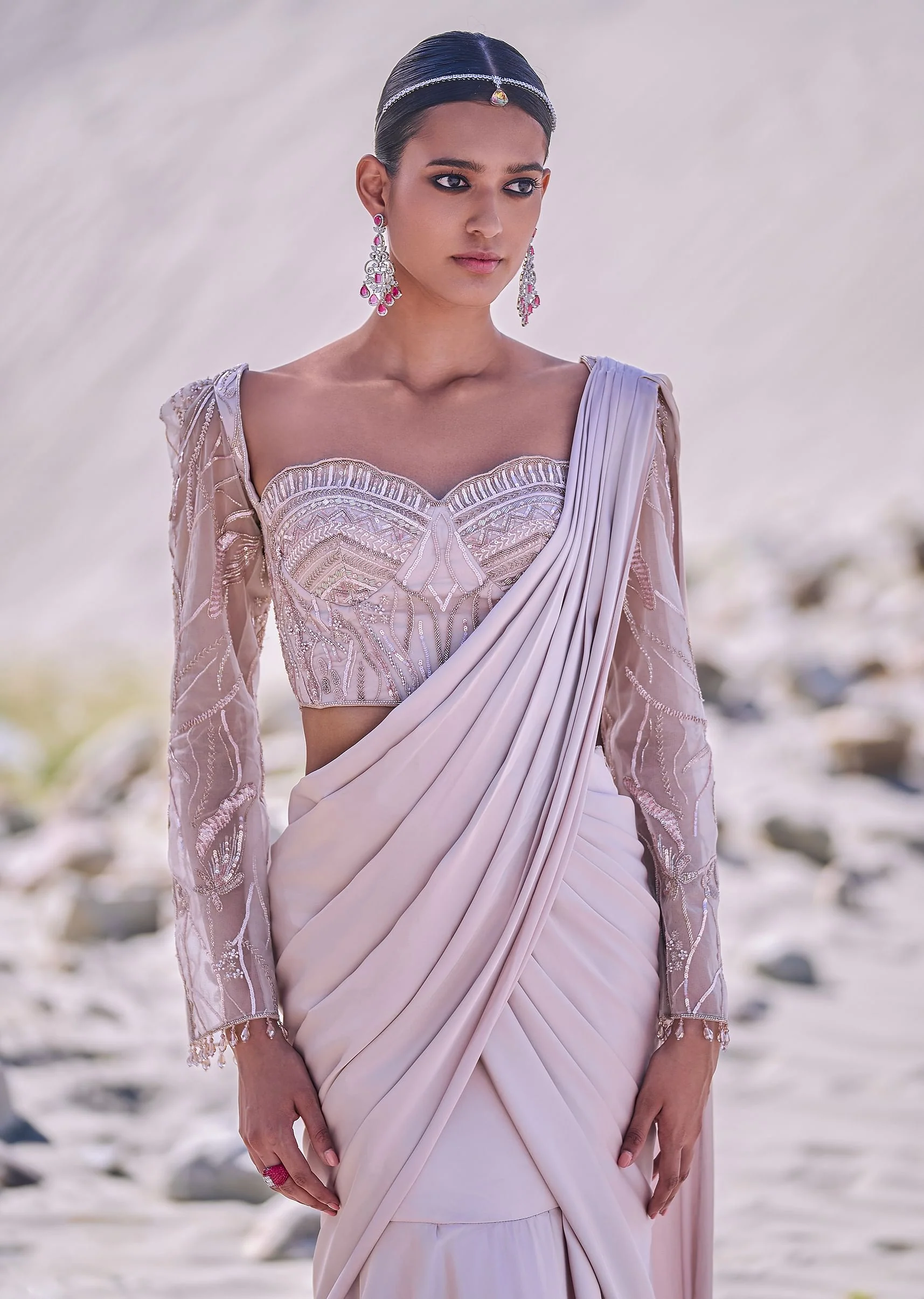 Beige Satin Pre Draped Saree With Embroidered Corset Blouse - Image 5