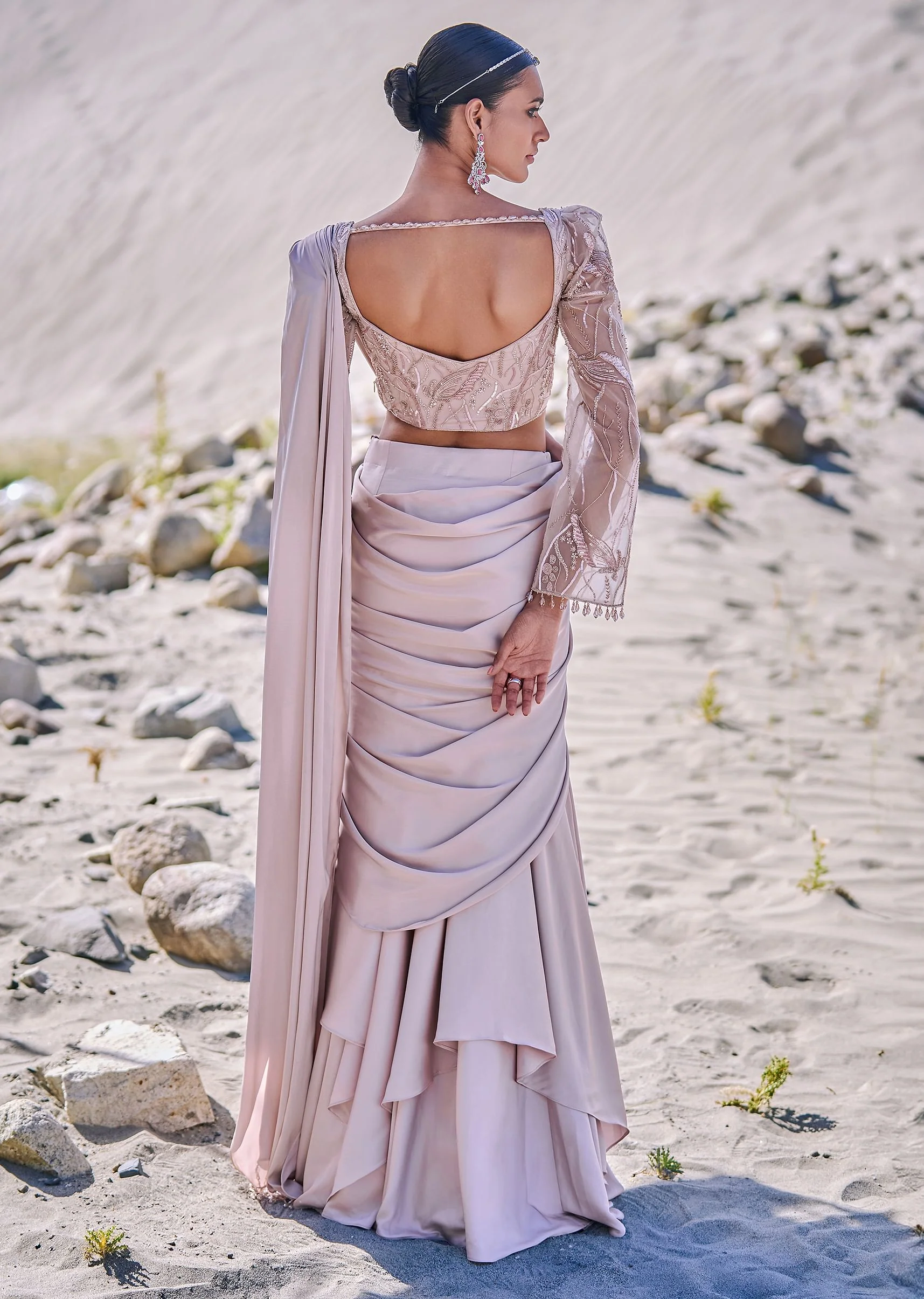 Beige Satin Pre Draped Saree With Embroidered Corset Blouse - Image 6